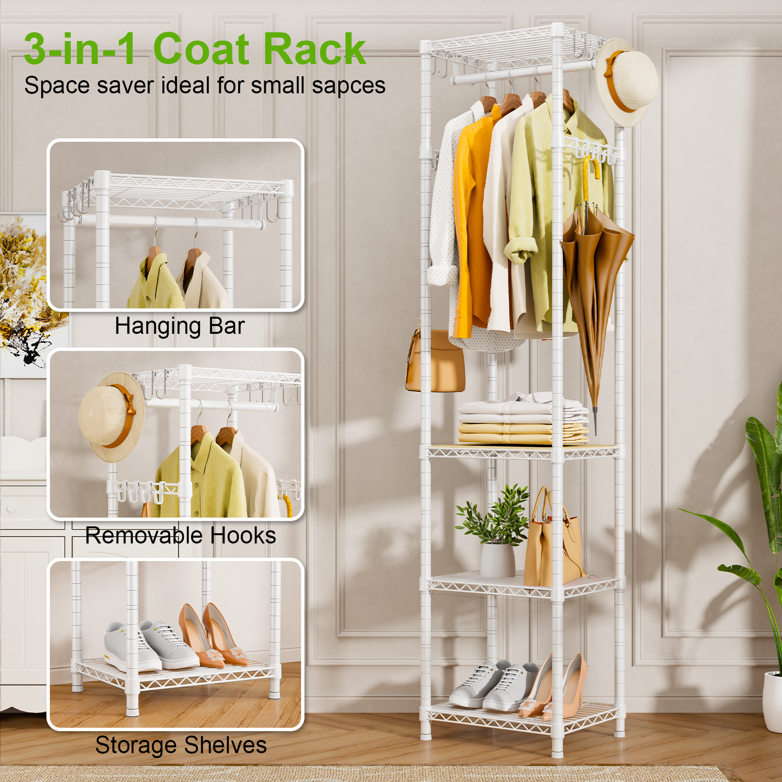 R1 Single Column Entryway Garment Rack (Black), 16 Hooks+4 Shelves, 3-in-1 Storage for Coats/Shoes