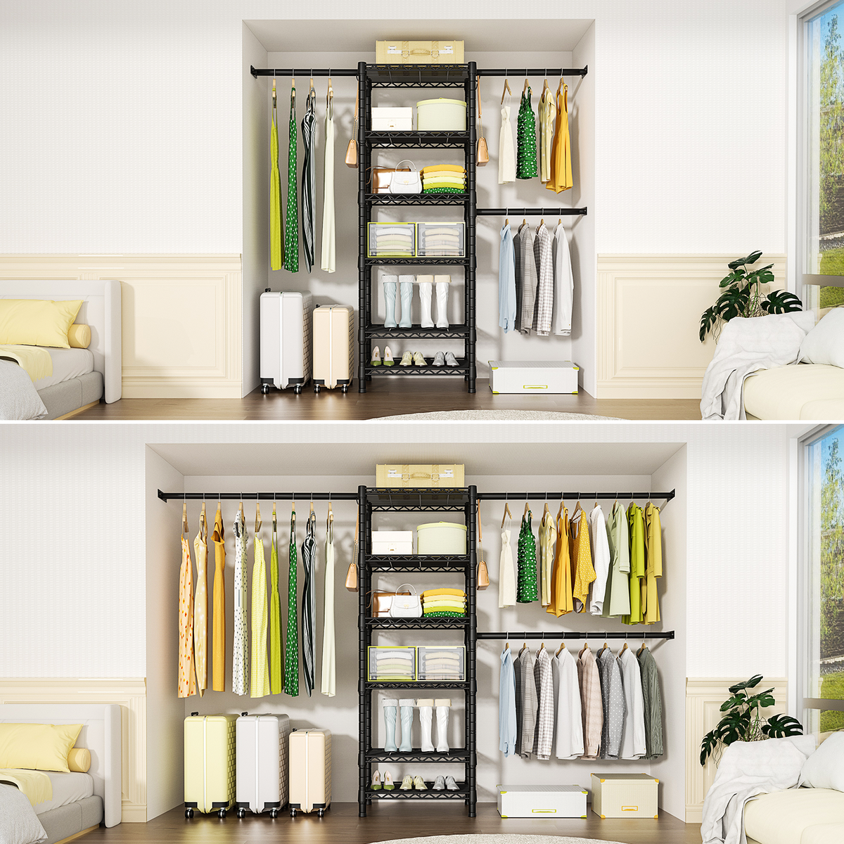 M5 Wall-Mounted Garment Rack (Black), 46.2-102.4" Width, 83.1" High & 6-Tier Shelves