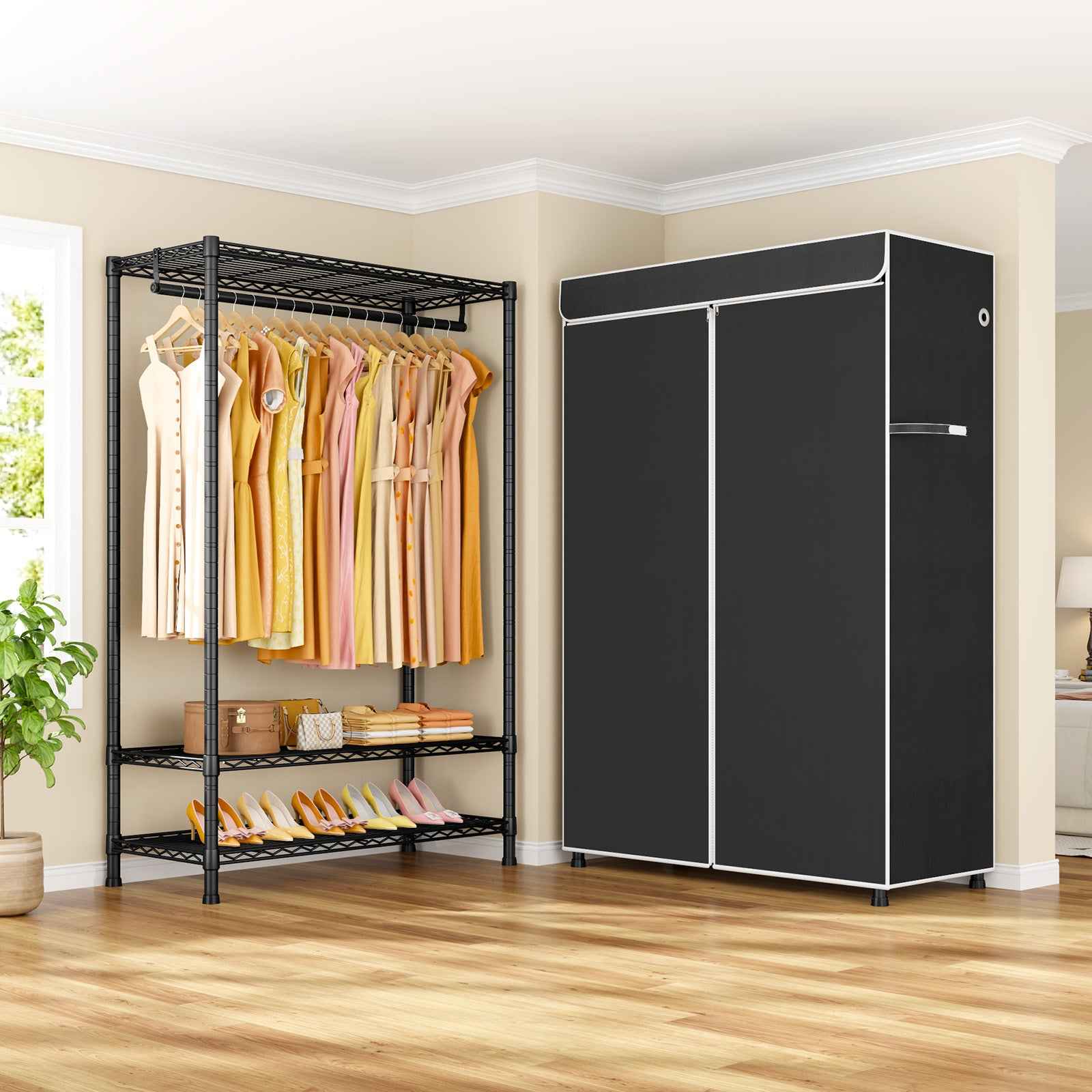 H5C Plus Clothes Rack with Cover, Portable Closet for Hanging Clothes, Covered Clothing Racks Heavy Duty, 3-Tiers Garment Rack with Shelves Max Load 370LBS