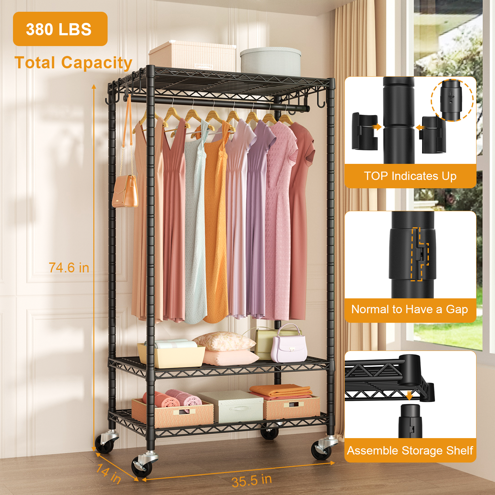 P6 Single Column Garment Rack (Black), 23.6"W, 360LBS Load & 3-Tier Shelves for Students