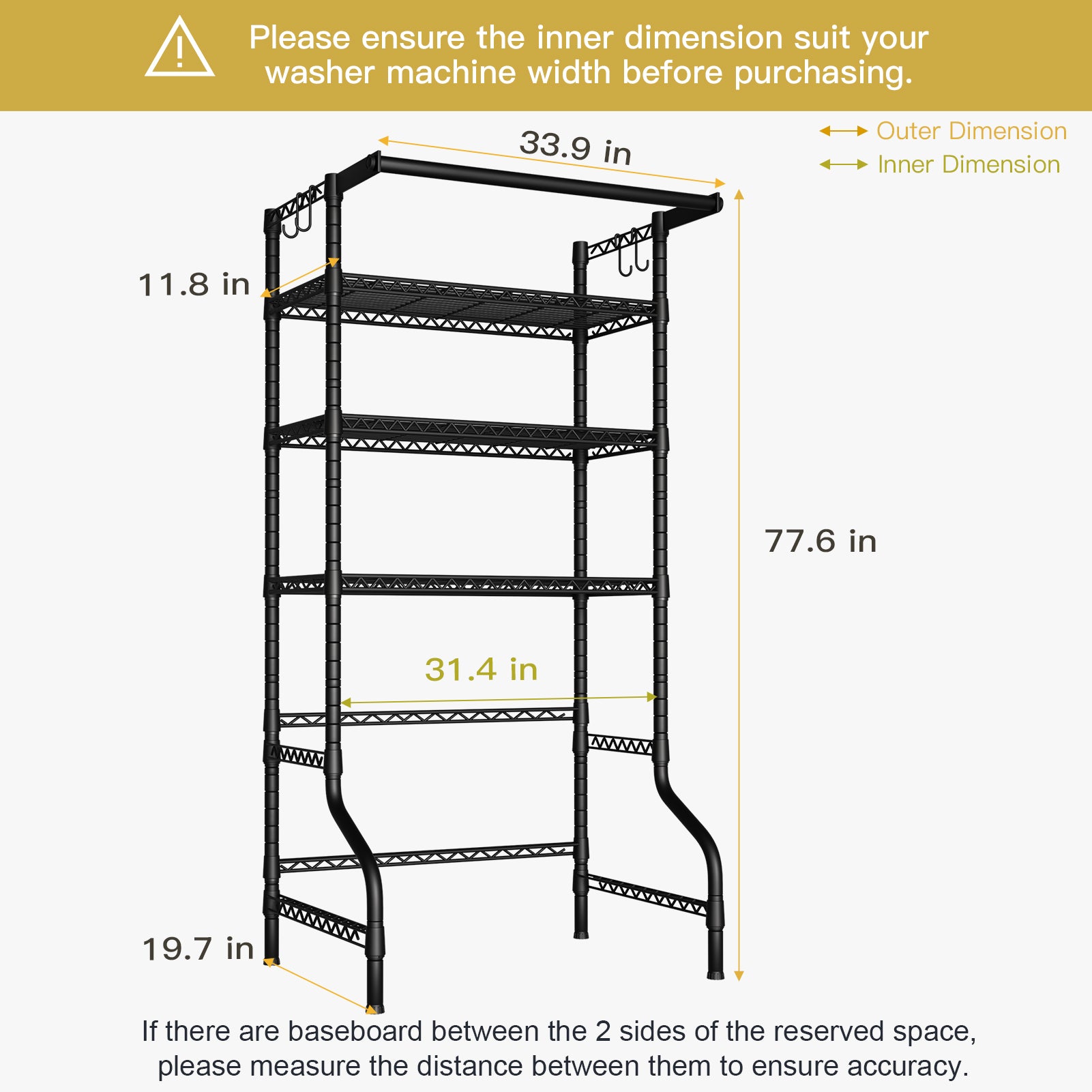 U11 Over-Washer Garment Rack (Black), ≤31.4" Washer Fit, 3-Tier Shelves & Front Hanger Rod