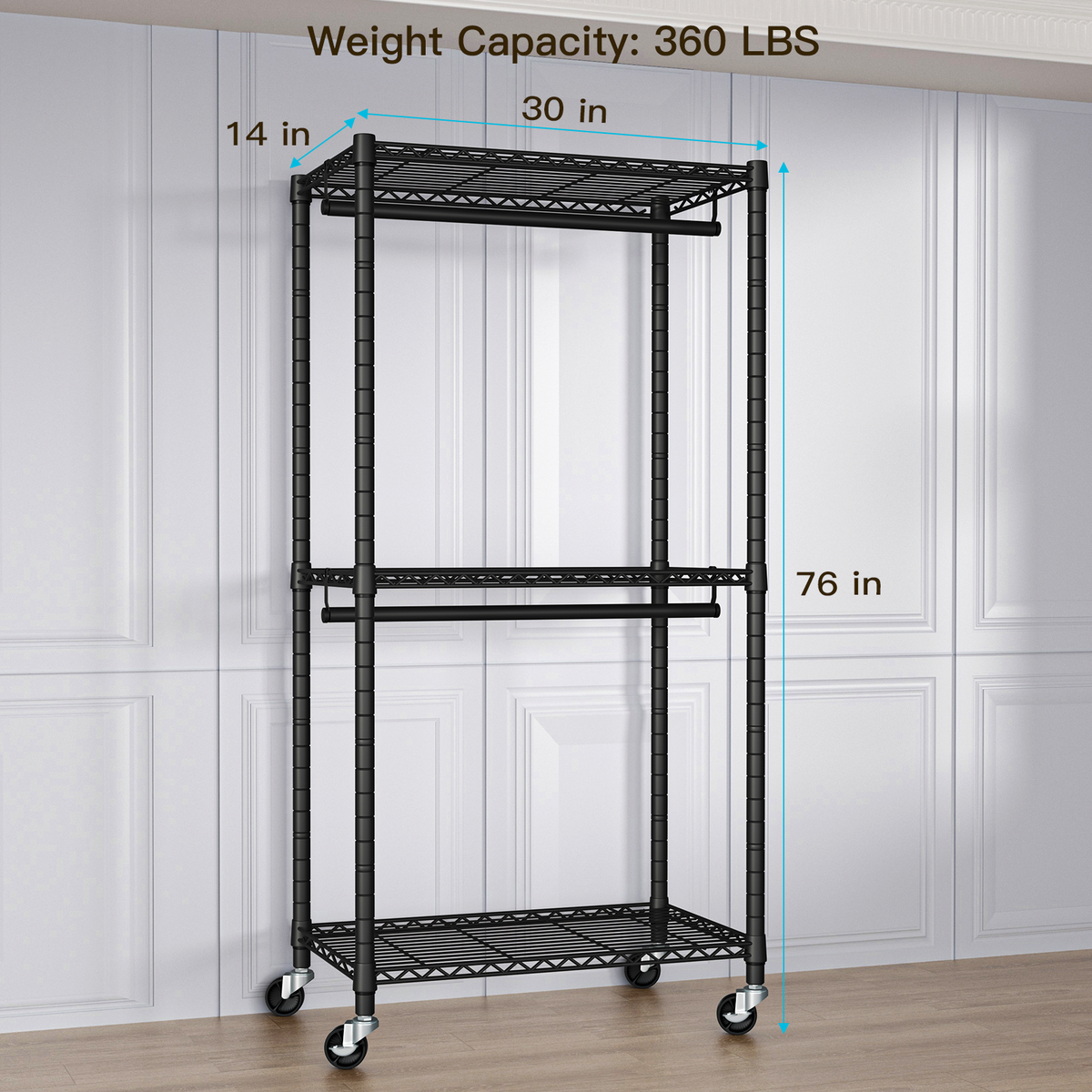 P1 Medium Single Column Garment Rack (Black), 30"W, 360LBS Load & 3 Adjustable Wire Shelves