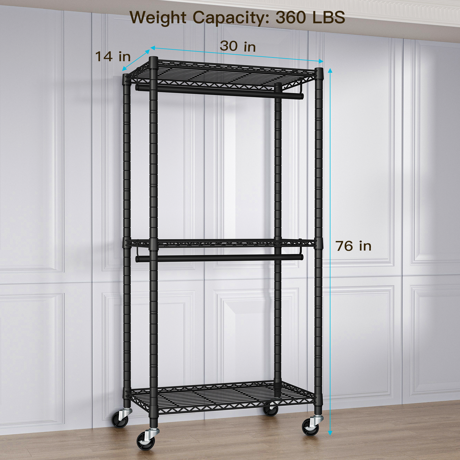 P1 Medium Single Column Garment Rack (Black), 30"W, 360LBS Load & 3 Adjustable Wire Shelves