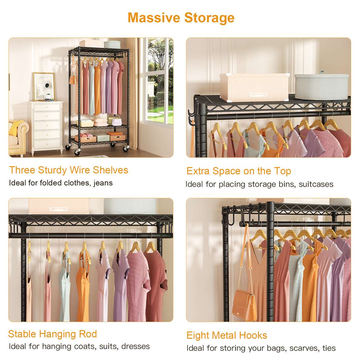 P6 Mini Single Column Garment Rack (Black), 23.6"W, 360LBS Load & 3-Tier Shelves for Students