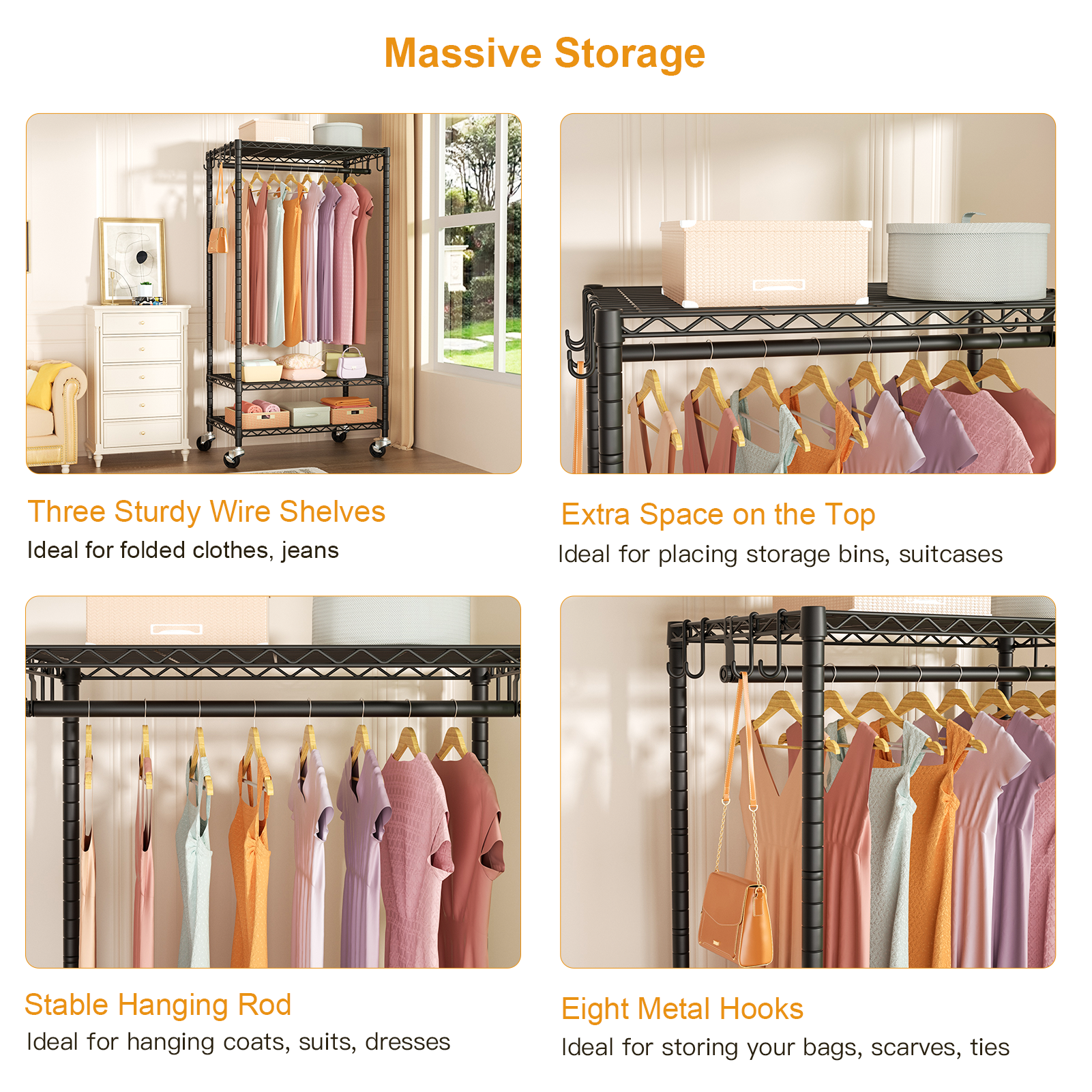 P6 Single Column Garment Rack (Black), 23.6"W, 360LBS Load & 3-Tier Shelves for Students