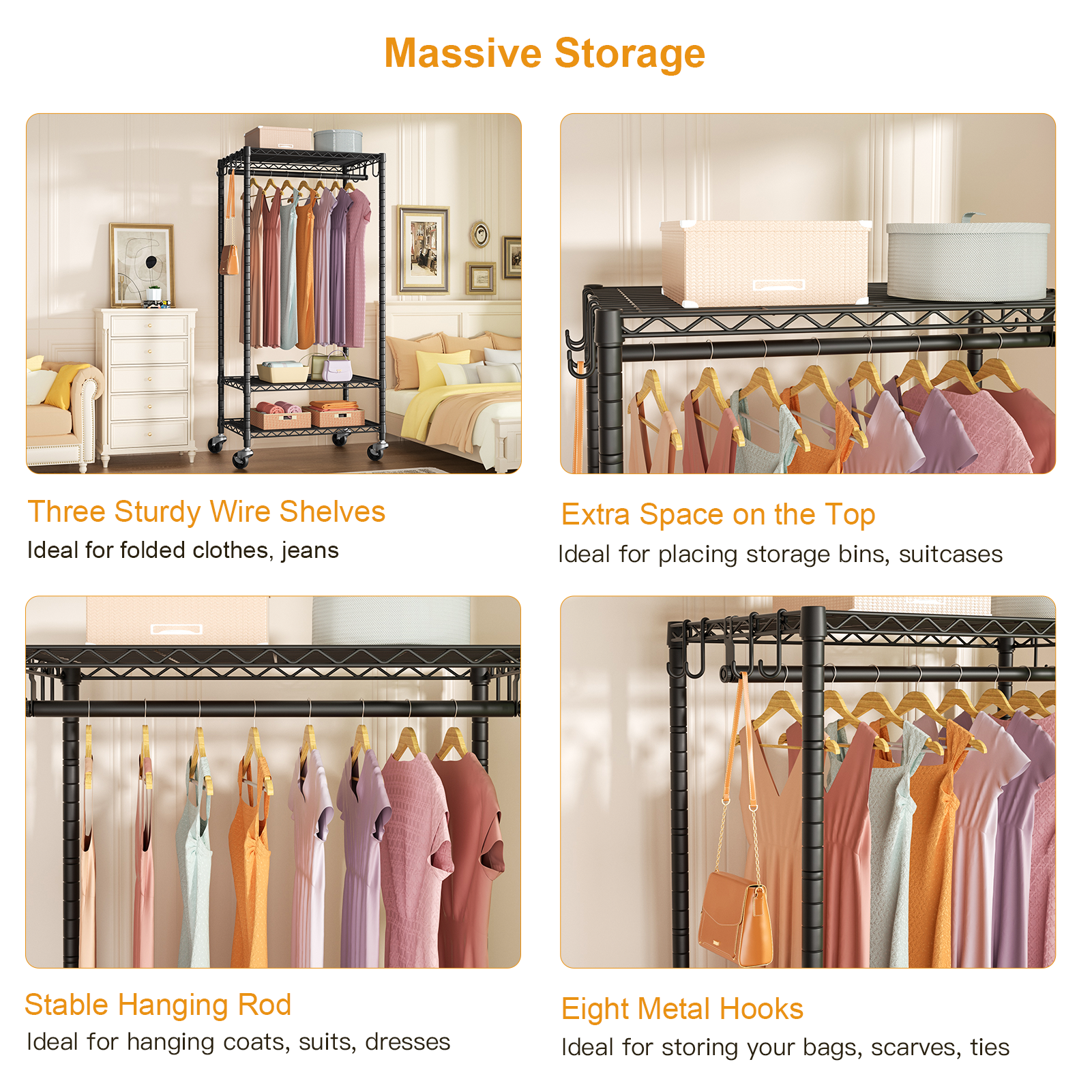 P6 Medium Single Column Garment Rack (Black), 30"W, 370LBS Load & 3-Tier Adjustable Shelves