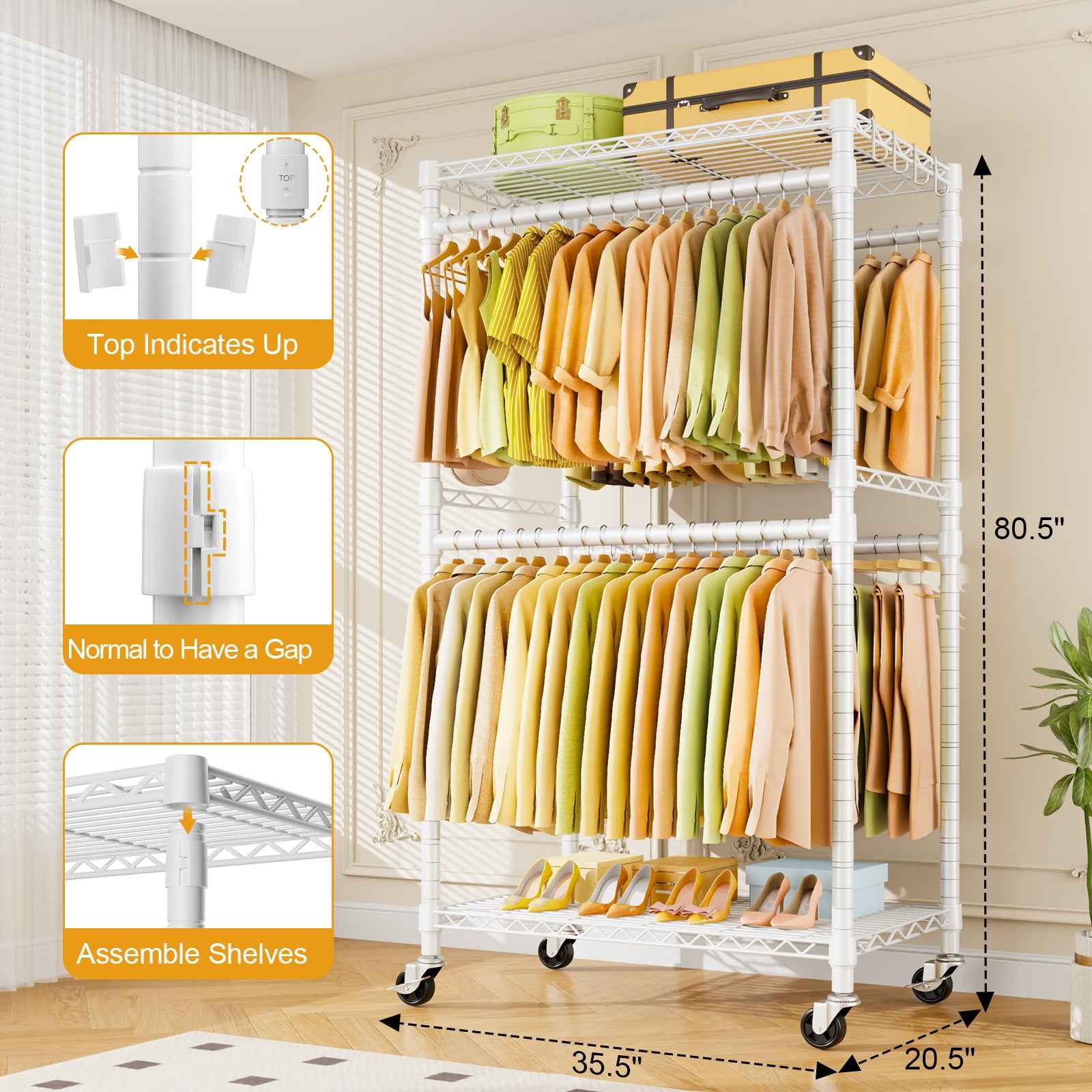P4 Plus Rolling Clothing Rack - Double hanging rod, 80.5'' Height