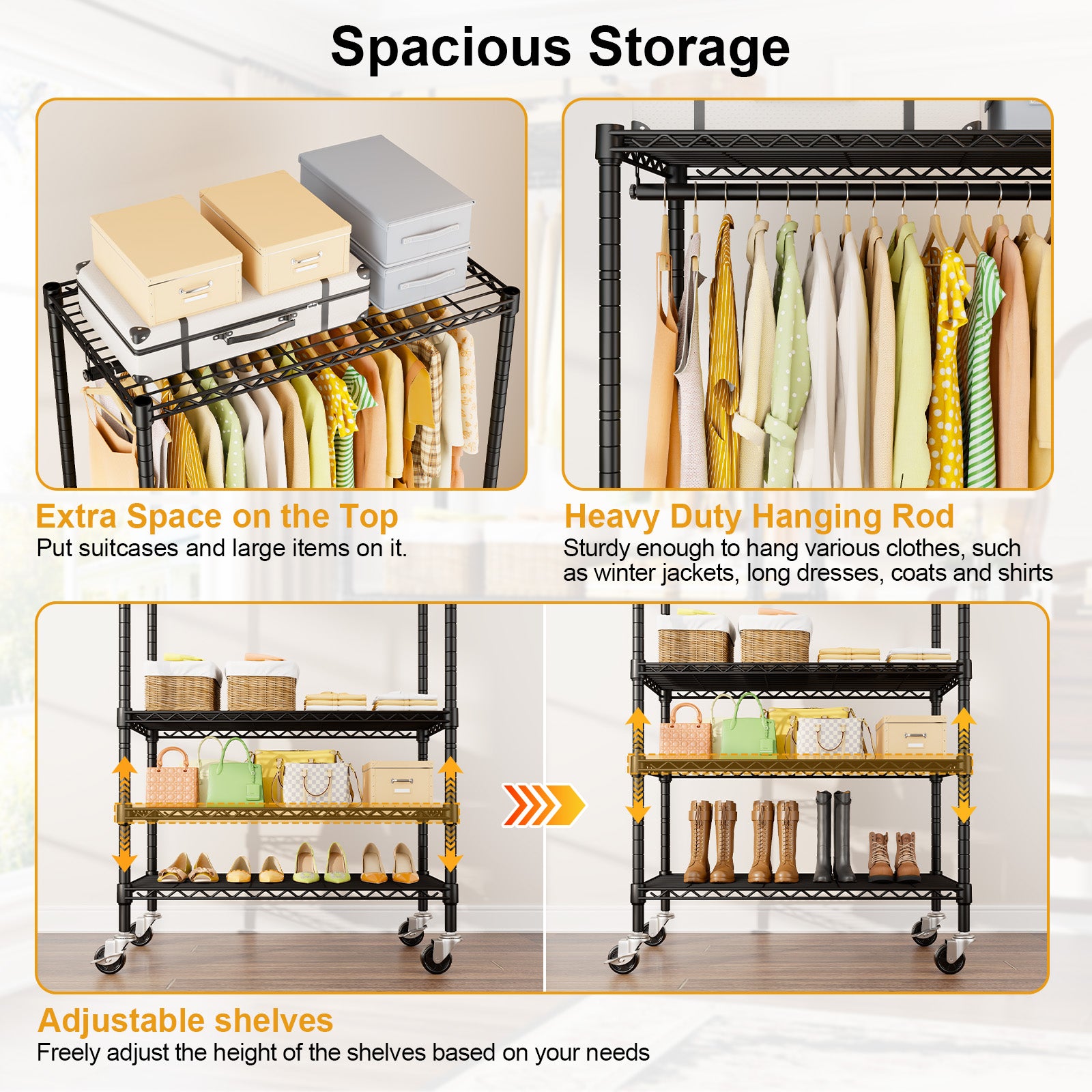 P9 Rolling Clothes Rack Heavy Duty, 4 Tiers Garment Rack with Wheels, 35.5" L X 15.8" W X 80.5" H, Max Load 445 LBS