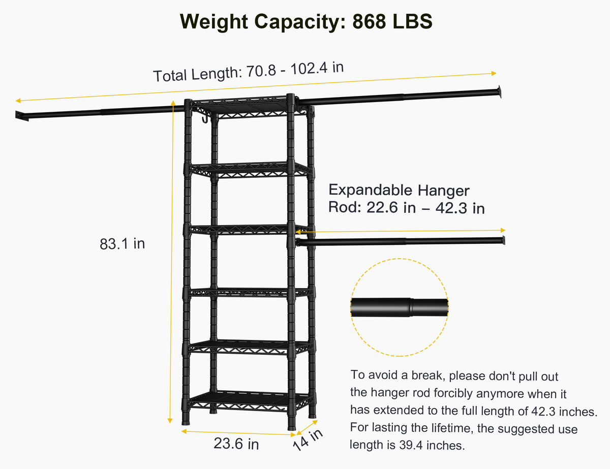 M5 Wall-Mounted Garment Rack (Black), 46.2-102.4" Width, 83.1" High & 6-Tier Shelves