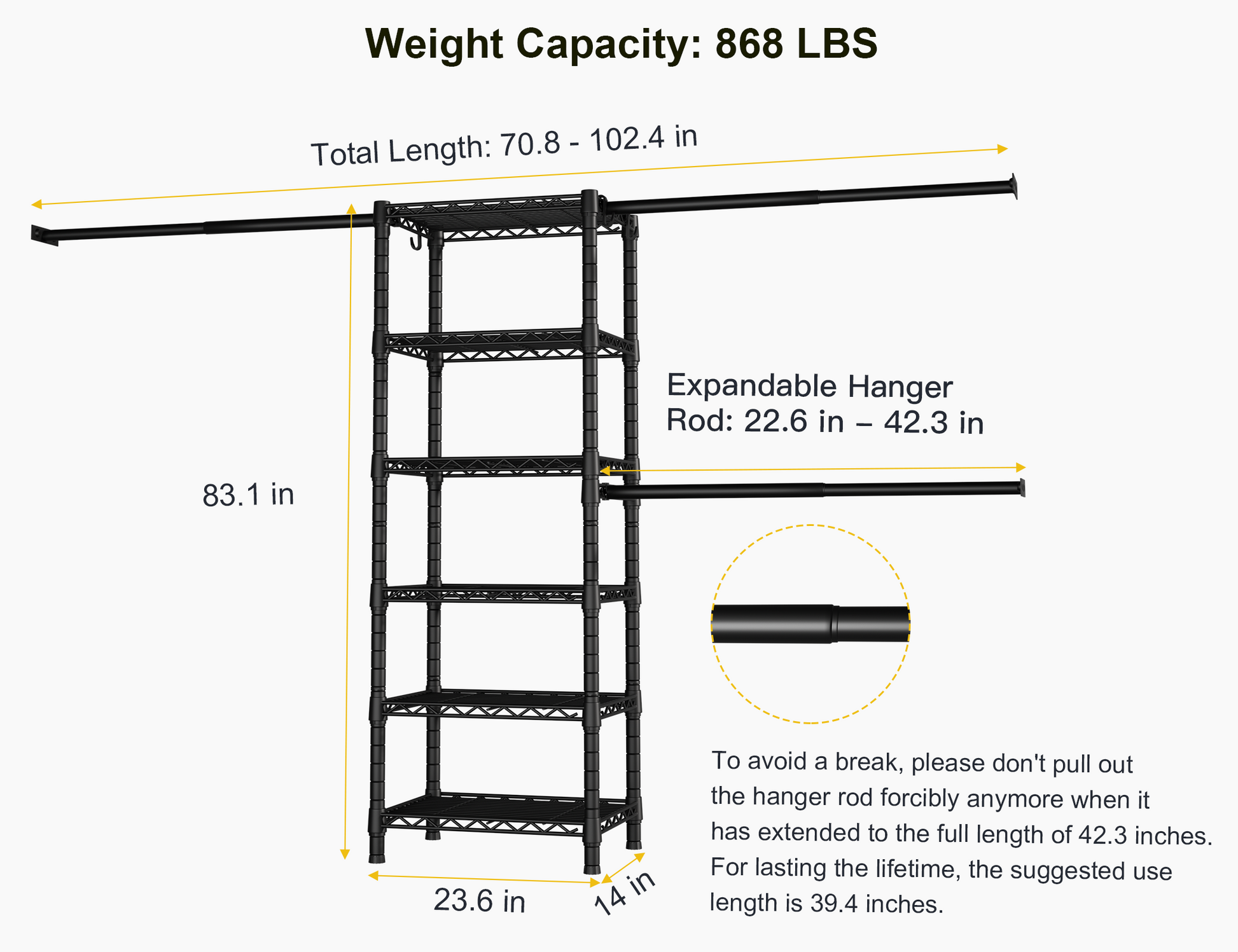 M5 Wall-Mounted Garment Rack (Black), 46.2-102.4" Width, 83.1" High & 6-Tier Shelves