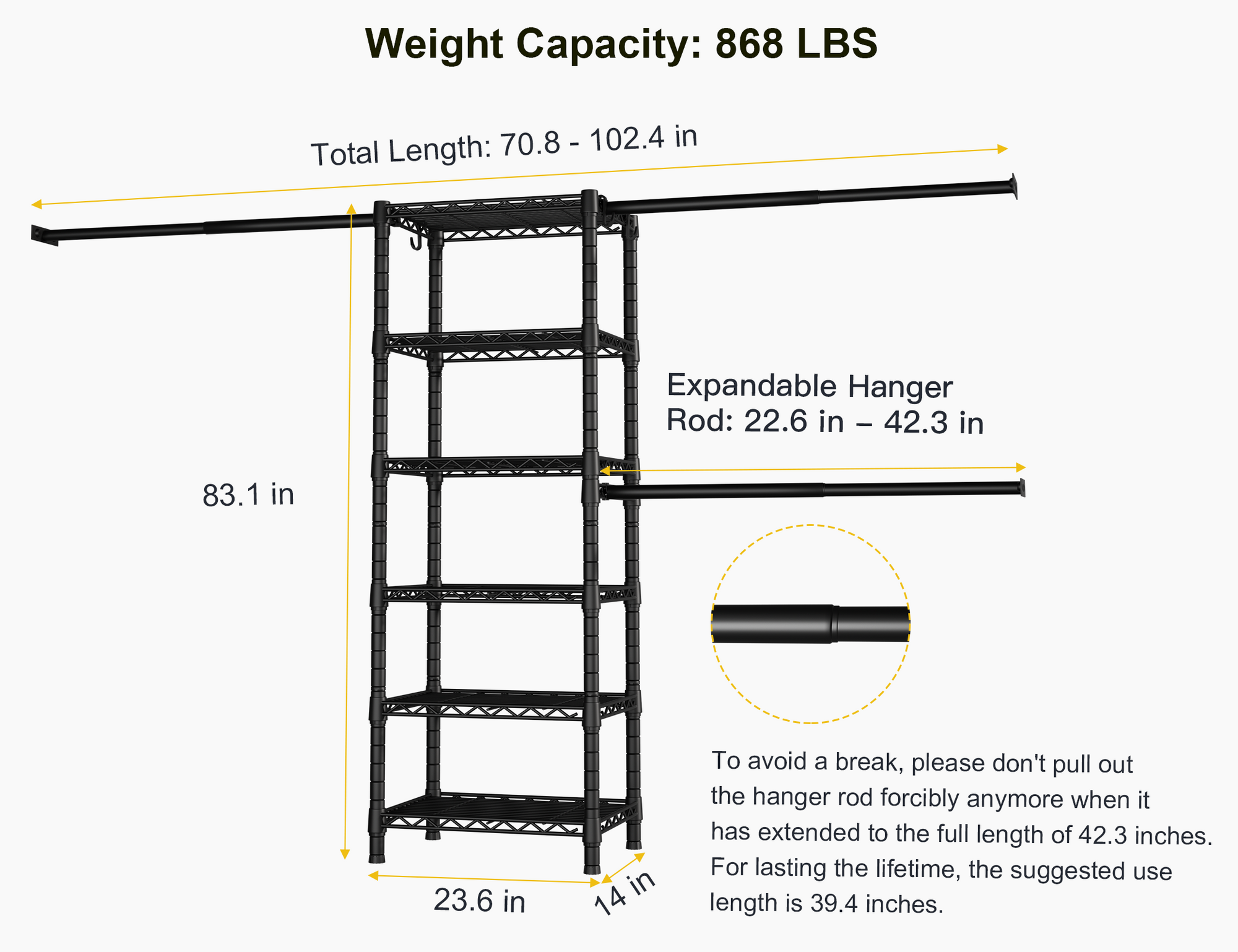 M5 Wall-Mounted Garment Rack (Black), 46.2-102.4" Width, 83.1" High & 6-Tier Shelves