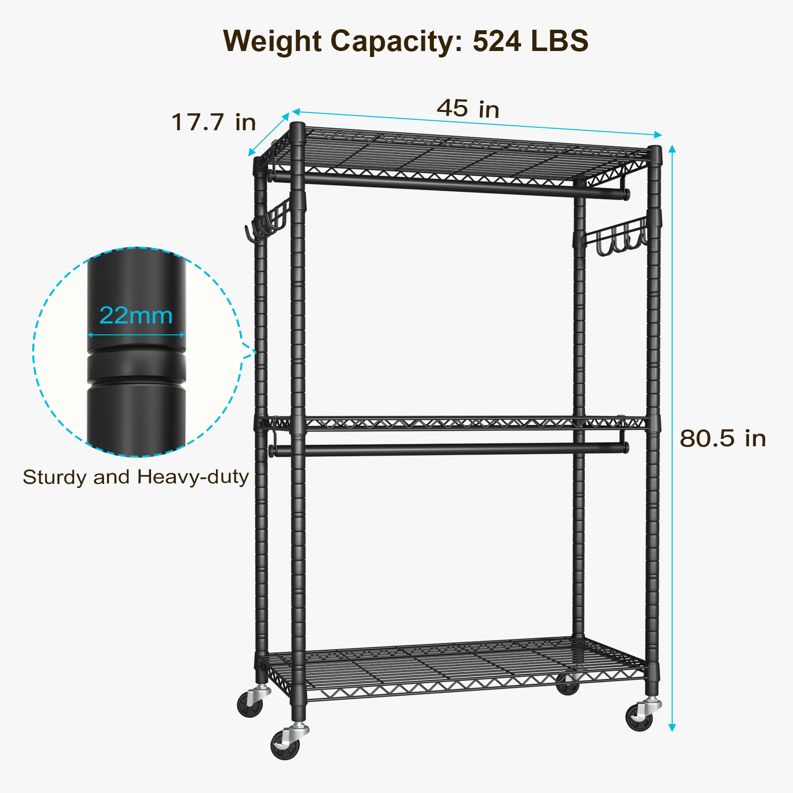 P1 Plus Single Column Rolling Garment Rack (Black), 45"W, 524LBS Load & 3 Adjustable Wire Shelves