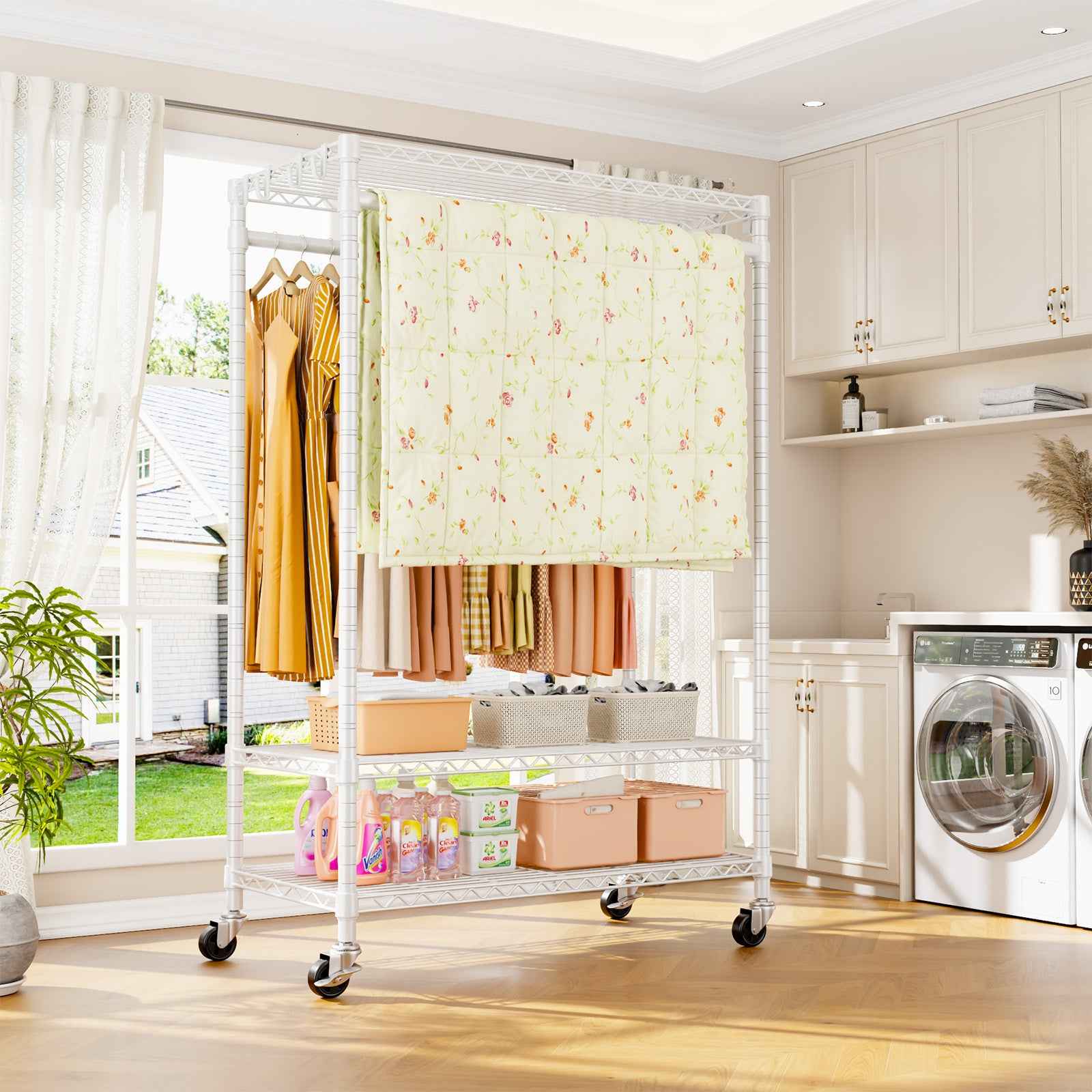 P7 45"W Single Column Garment Rack (Black), 480LBS Load & 3-Tier Adjustable Wire Shelves