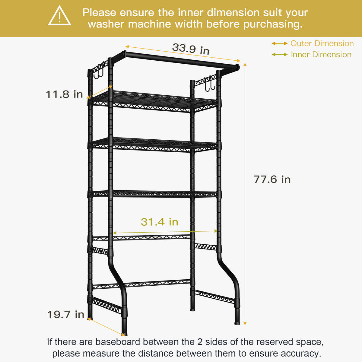 U11 Over-Washer Garment Rack, ≤31.4" Washer Fit, 3-Tier Shelves & Front Hanger Rod