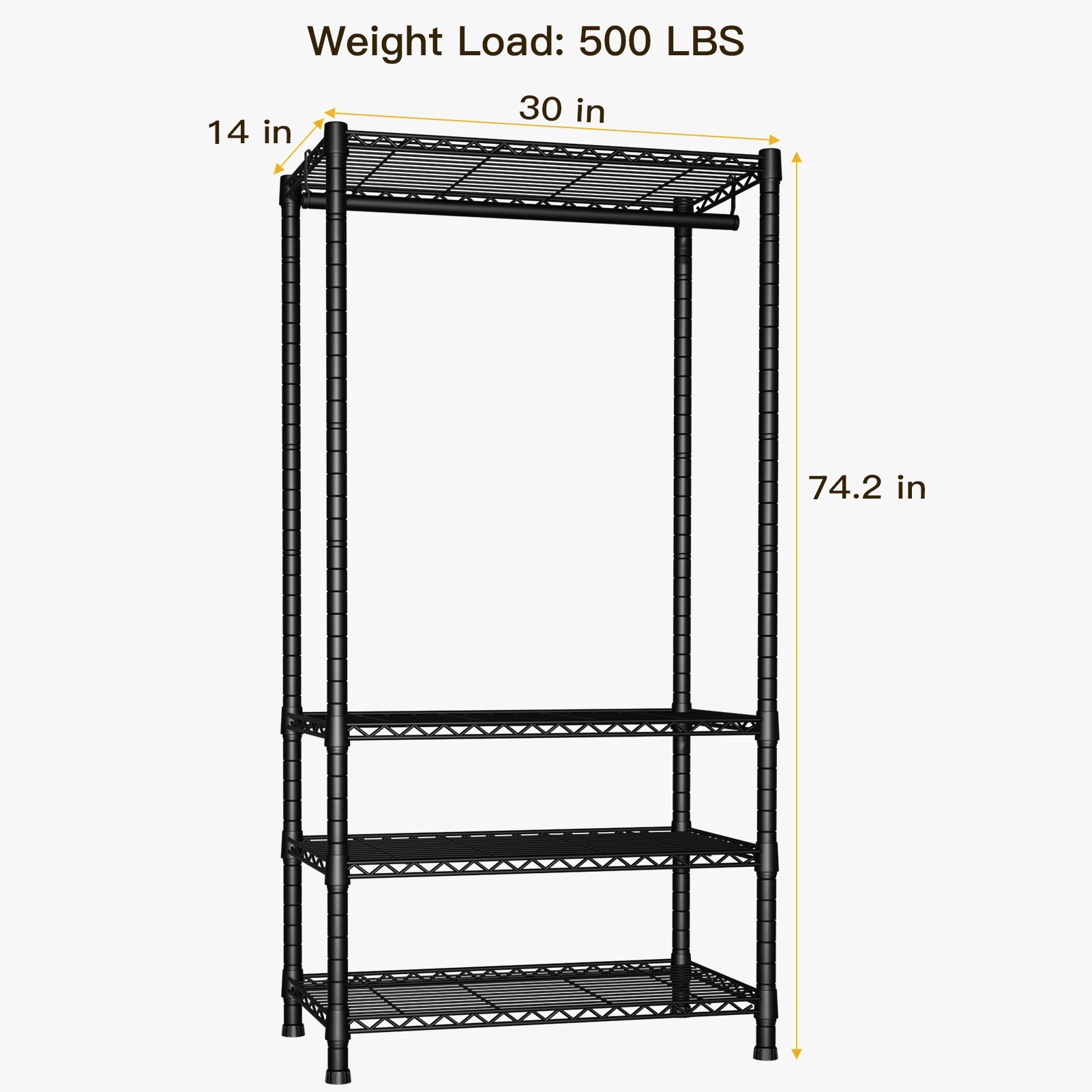 H2 30"W Single Column Garment Rack (Black), 500LBS Load & 4-Tier Adjustable Wire Shelves