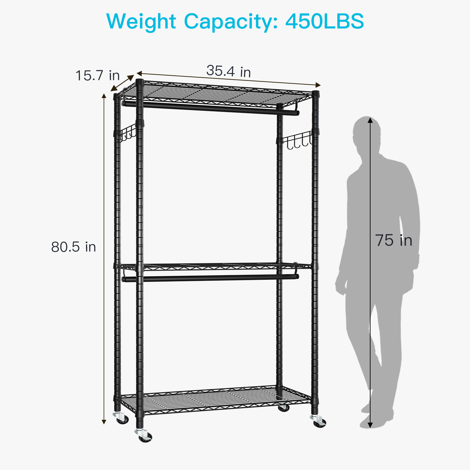 P1 Single Column Rolling Garment Rack (Grey), 35.4"W, 450LBS Load & Rust-Proof Coating