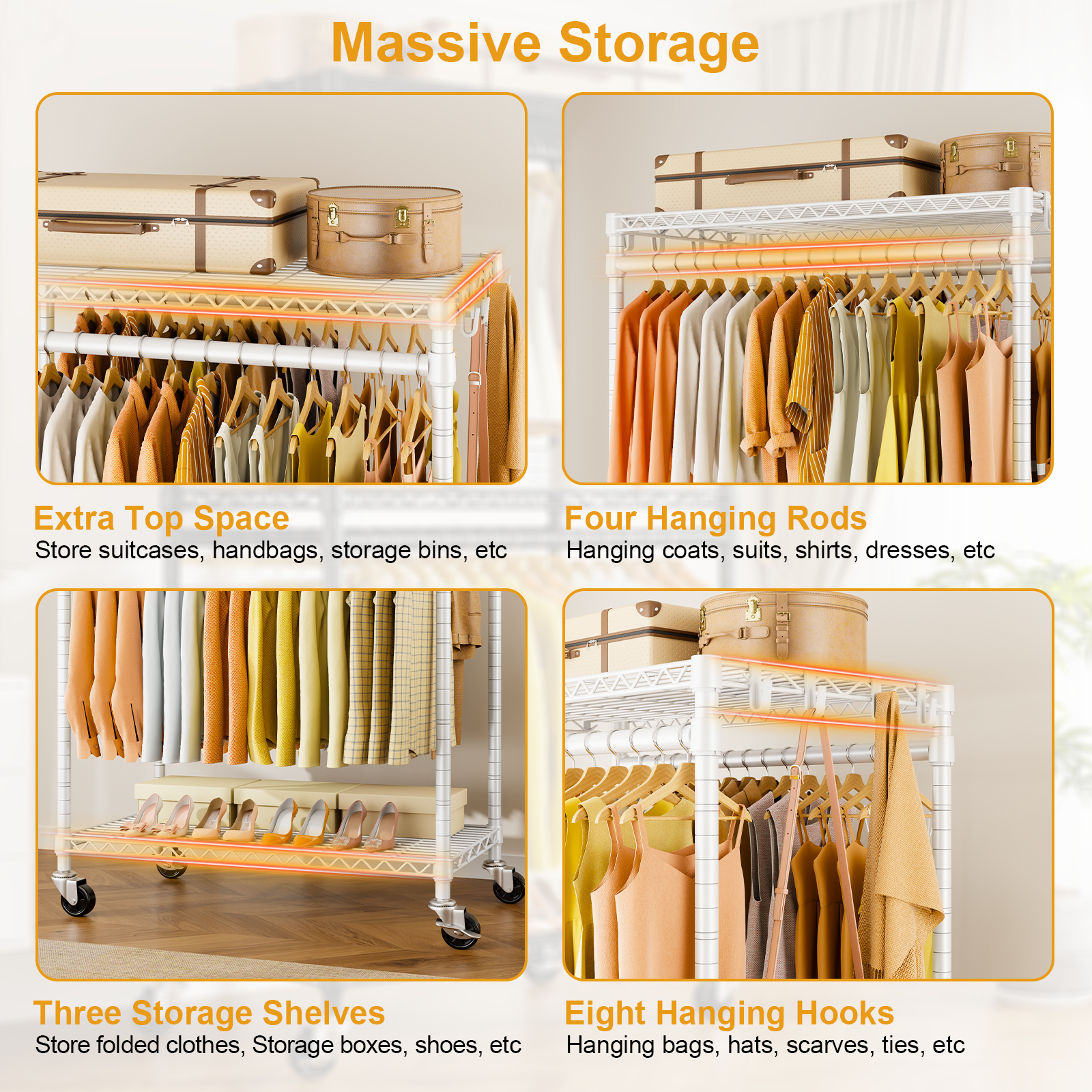 P5 39.4"W Single Column Garment Rack (Black), 655LBS Load, 3-Tier Shelves & 8 Side Hooks