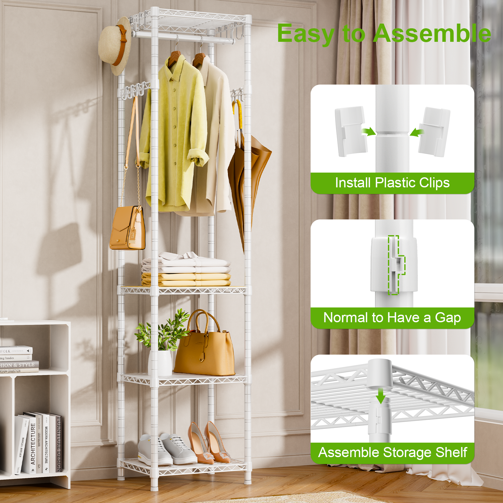 R1 Single Column Entryway Garment Rack (Black), 16 Hooks+4 Shelves, 3-in-1 Storage for Coats/Shoes