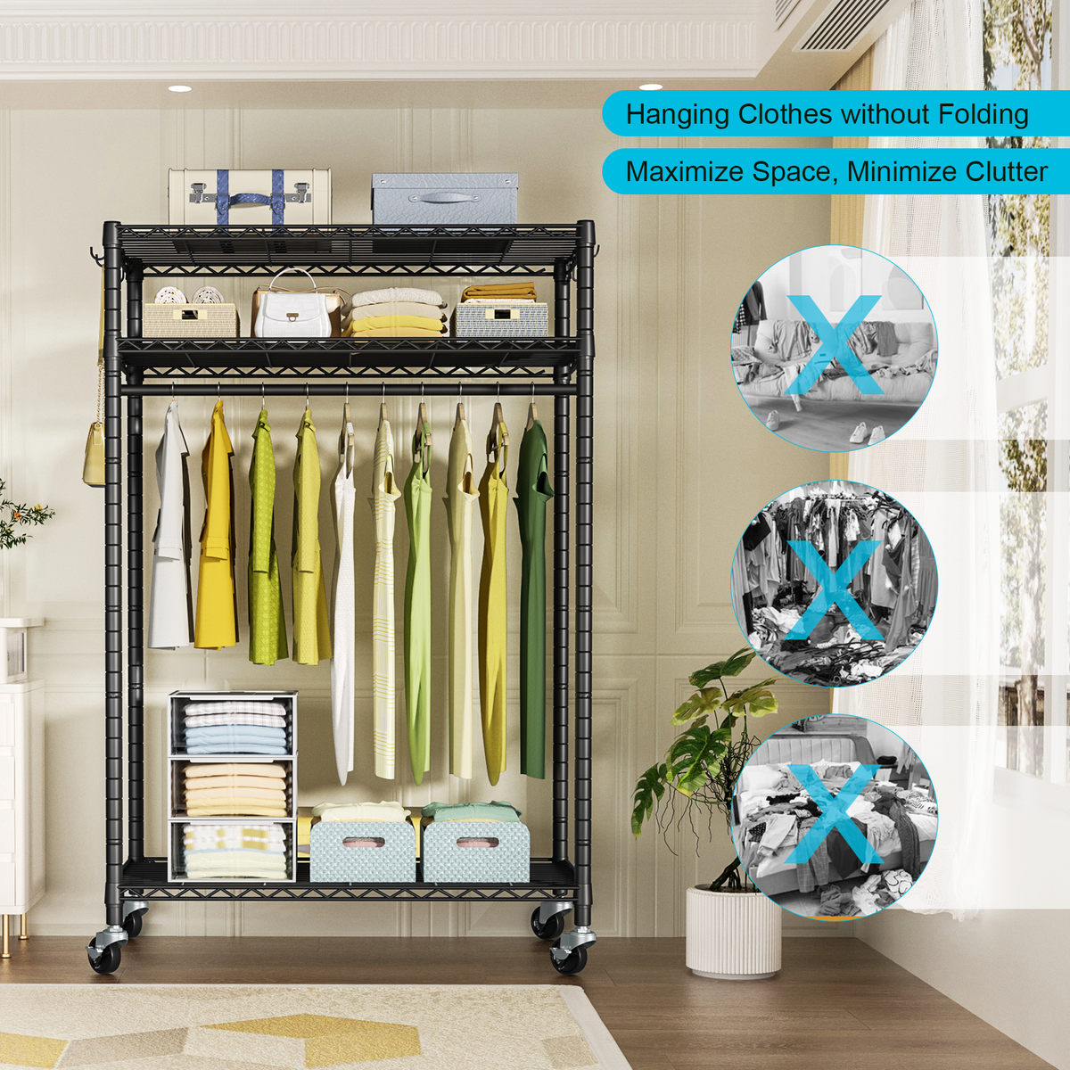 P3 Single Column Garment Rack (Black), 39.4"W, 464LBS Load & 3-Tier Shelves with Lockable Wheels