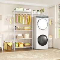 U5 Double Column Over-Washer Garment Rack (Black), ≤27" Washer/Unit, 5-Tier Shelves & Hanger Rod