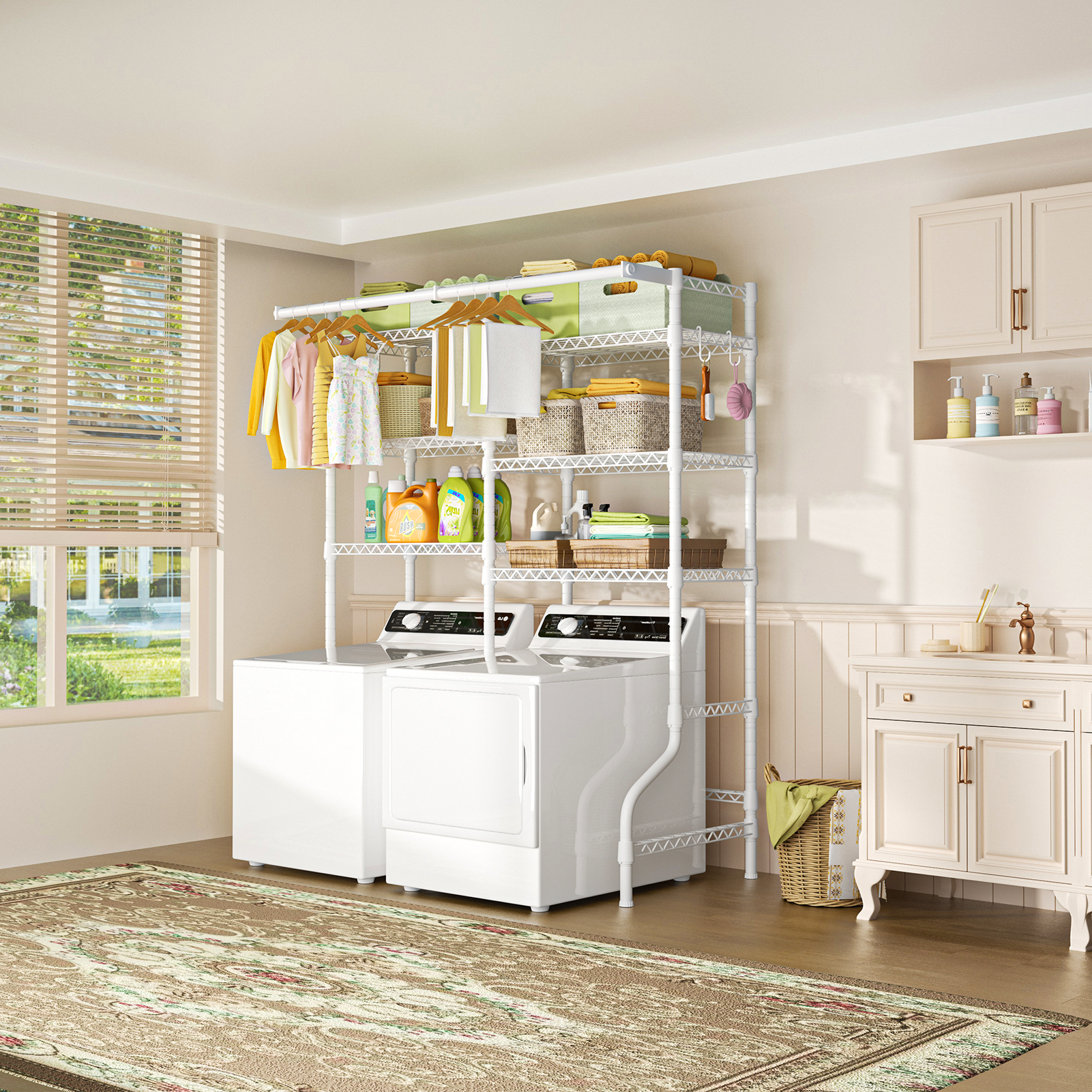 U13 Medium Double Column Over-Washer Garment Rack (Black), 57.8" Wide, ≤27.1" Washer Fit