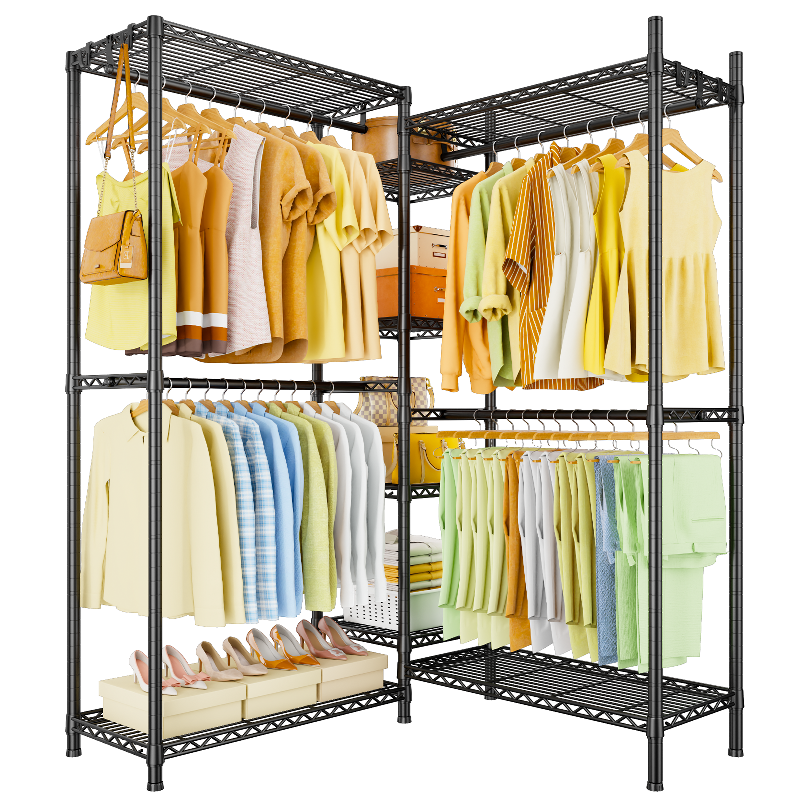 E4 71.6"W L-Shaped Triple Column Garment Rack (Black), 962LBS Load & 8-Tier Adjustable Shelves