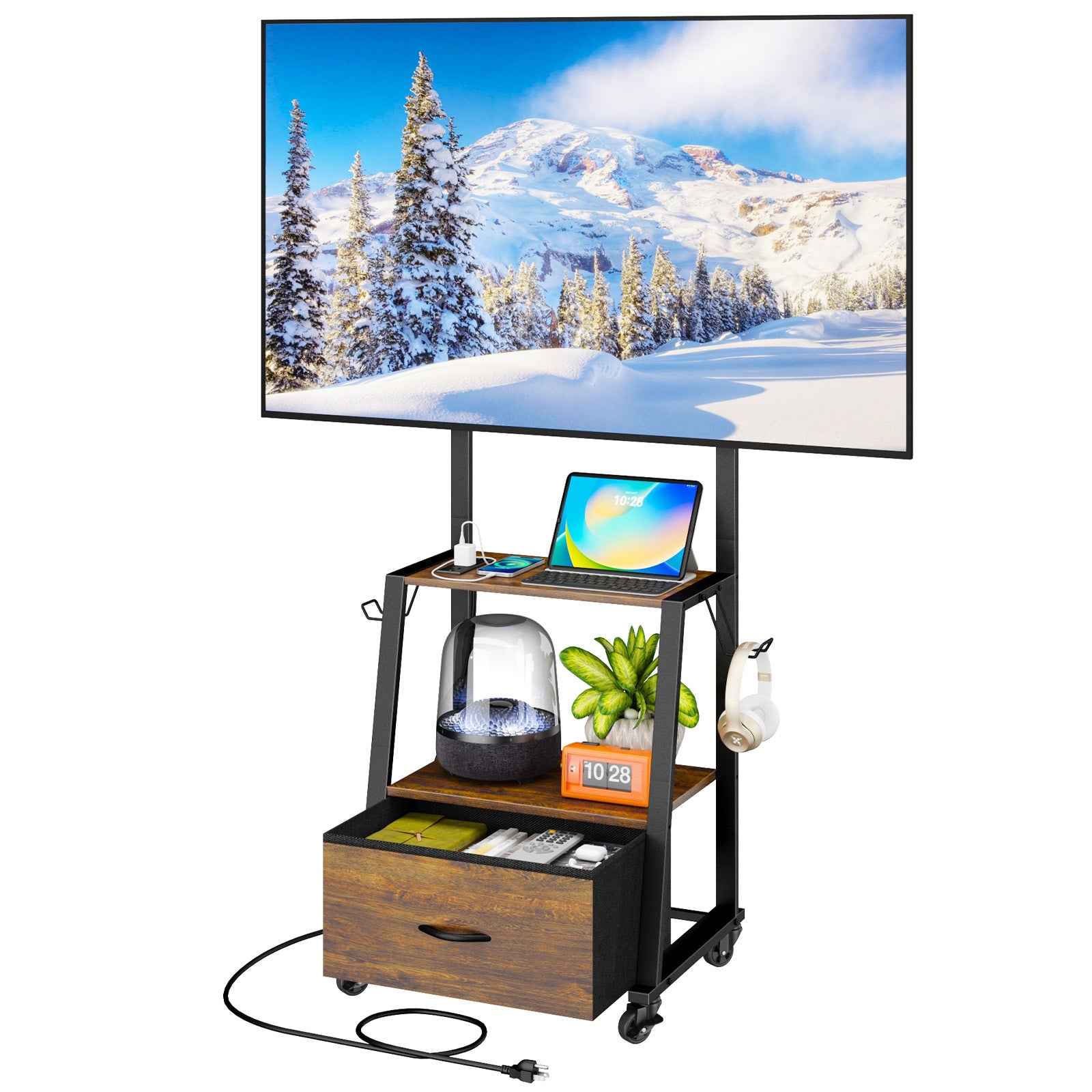 V2 Rolling TV Stand on Wheels with Mount & Fabric Storage Drawer, Entertainment Center with Power Outlet, Portable TV Stand for 32-55 Inch Flat/Curved Screen TVs, Mobile TV Cart for Bedroom