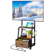 V2 Rolling TV Stand on Wheels with Mount & Fabric Storage Drawer, Entertainment Center with Power Outlet, Portable TV Stand for 32-55 Inch Flat/Curved Screen TVs, Mobile TV Cart for Bedroom