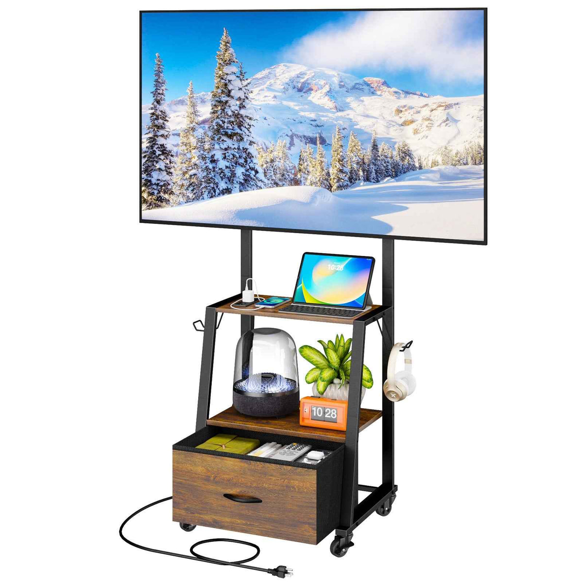 V2 Rolling TV Stand on Wheels with Mount & Fabric Storage Drawer, Entertainment Center with Power Outlet, Portable TV Stand for 32-55 Inch Flat/Curved Screen TVs, Mobile TV Cart for Bedroom