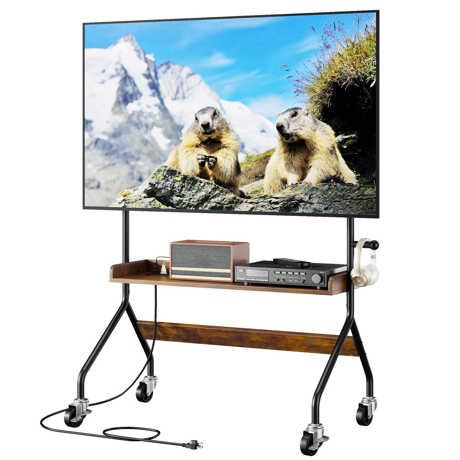 V1 Rolling TV Stand with Power Outlet, Mobile TV Cart for 32-75 Inch TV Screen up to 110 Lbs, Easel Portable TV Stand on Wheels with Shelf for Bedroom, Corner, Living Room