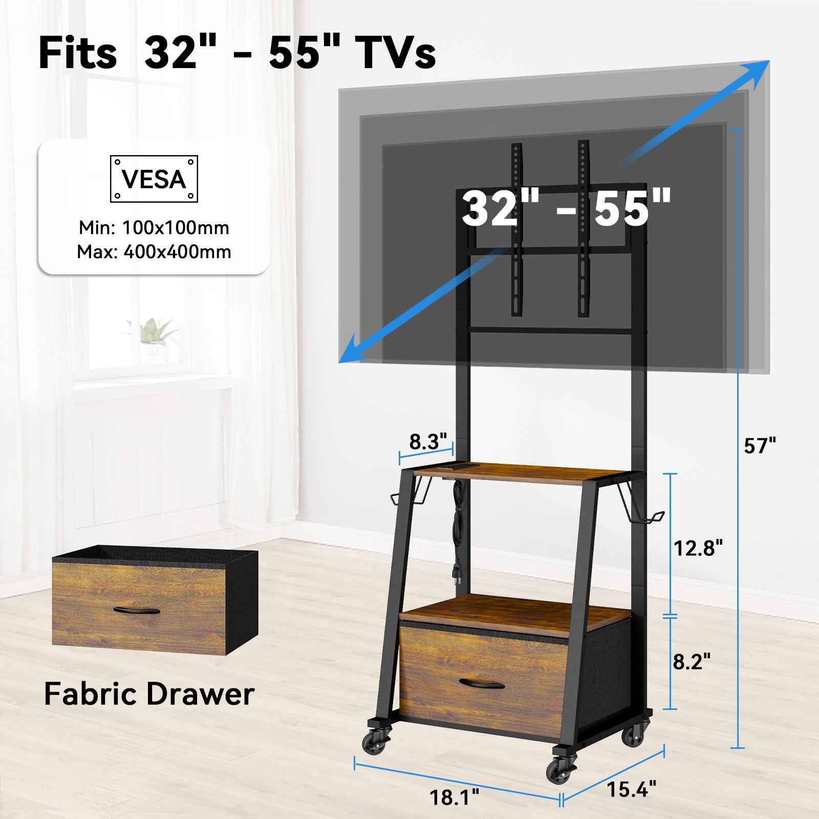 V2 Rolling TV Stand on Wheels with Mount & Fabric Storage Drawer, Entertainment Center with Power Outlet, Portable TV Stand for 32-55 Inch Flat/Curved Screen TVs, Mobile TV Cart for Bedroom