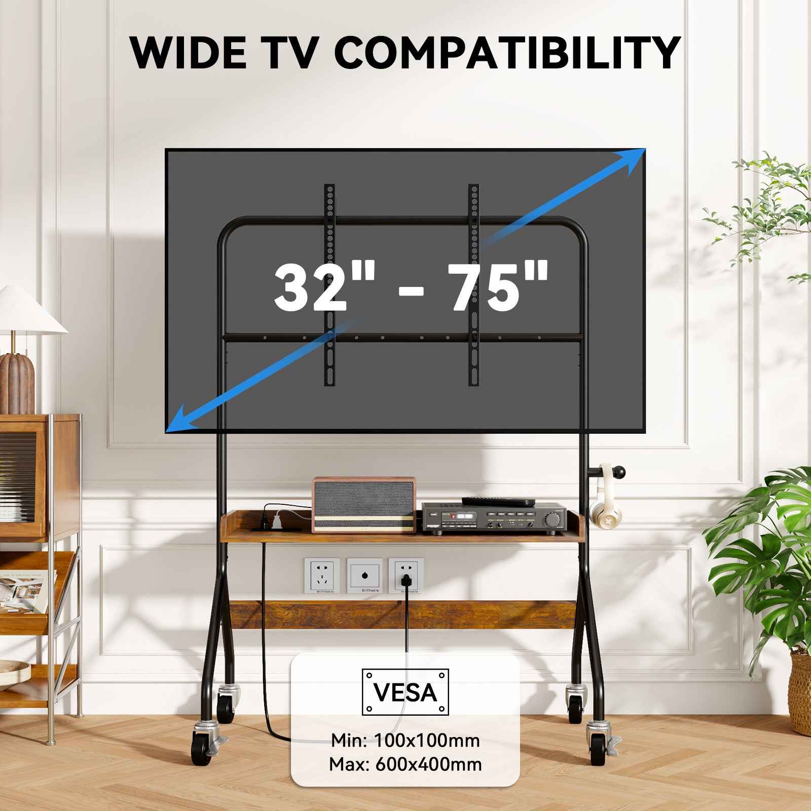 V1 Rolling TV Stand with Power Outlet, Mobile TV Cart for 32-75 Inch TV Screen up to 110 Lbs, Easel Portable TV Stand on Wheels with Shelf for Bedroom, Corner, Living Room
