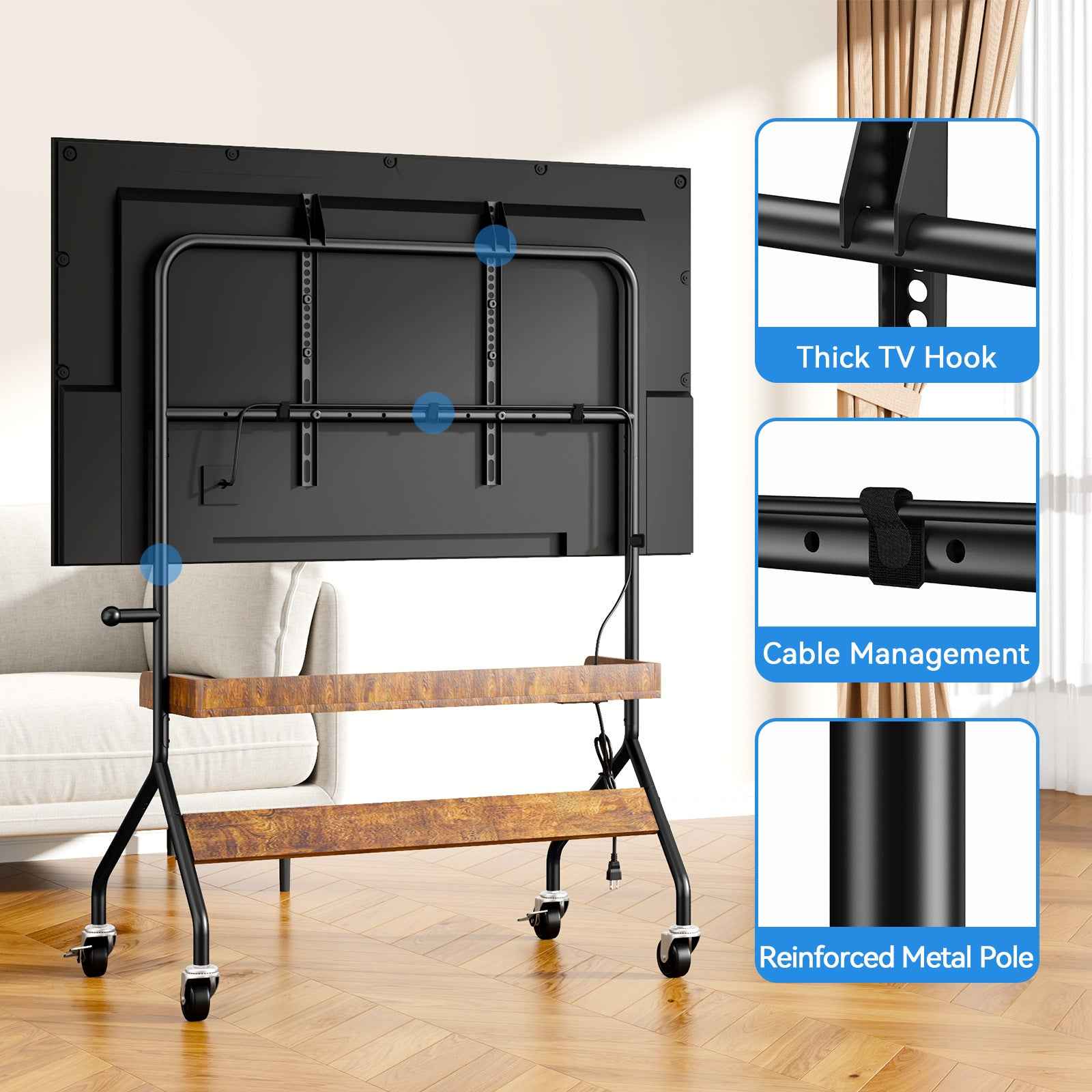 V1 Rolling TV Stand with Power Outlet, Mobile TV Cart for 32-75 Inch TV Screen up to 110 Lbs, Easel Portable TV Stand on Wheels with Shelf for Bedroom, Corner, Living Room