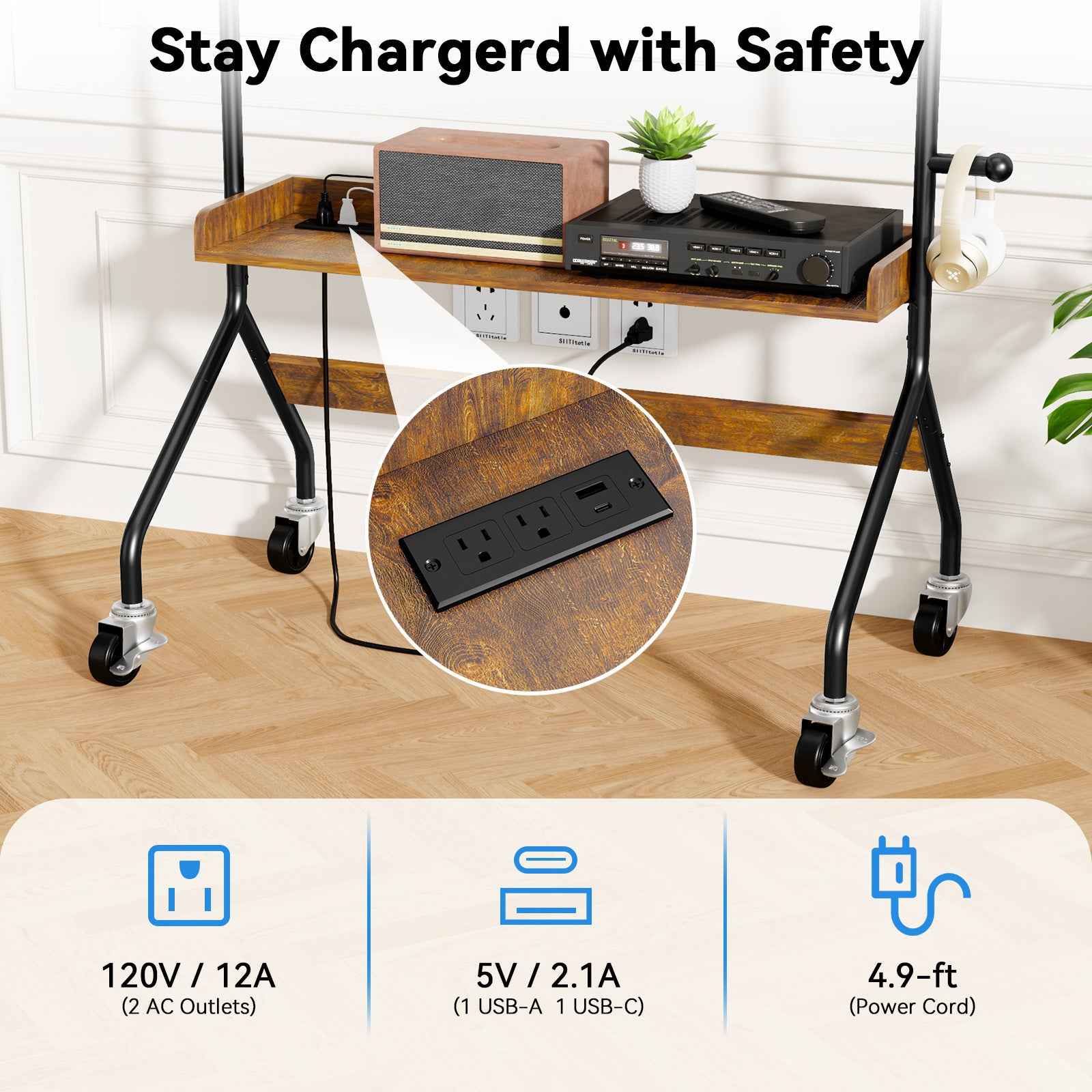 V1 Rolling TV Stand with Power Outlet, Mobile TV Cart for 32-75 Inch TV Screen up to 110 Lbs, Easel Portable TV Stand on Wheels with Shelf for Bedroom, Corner, Living Room