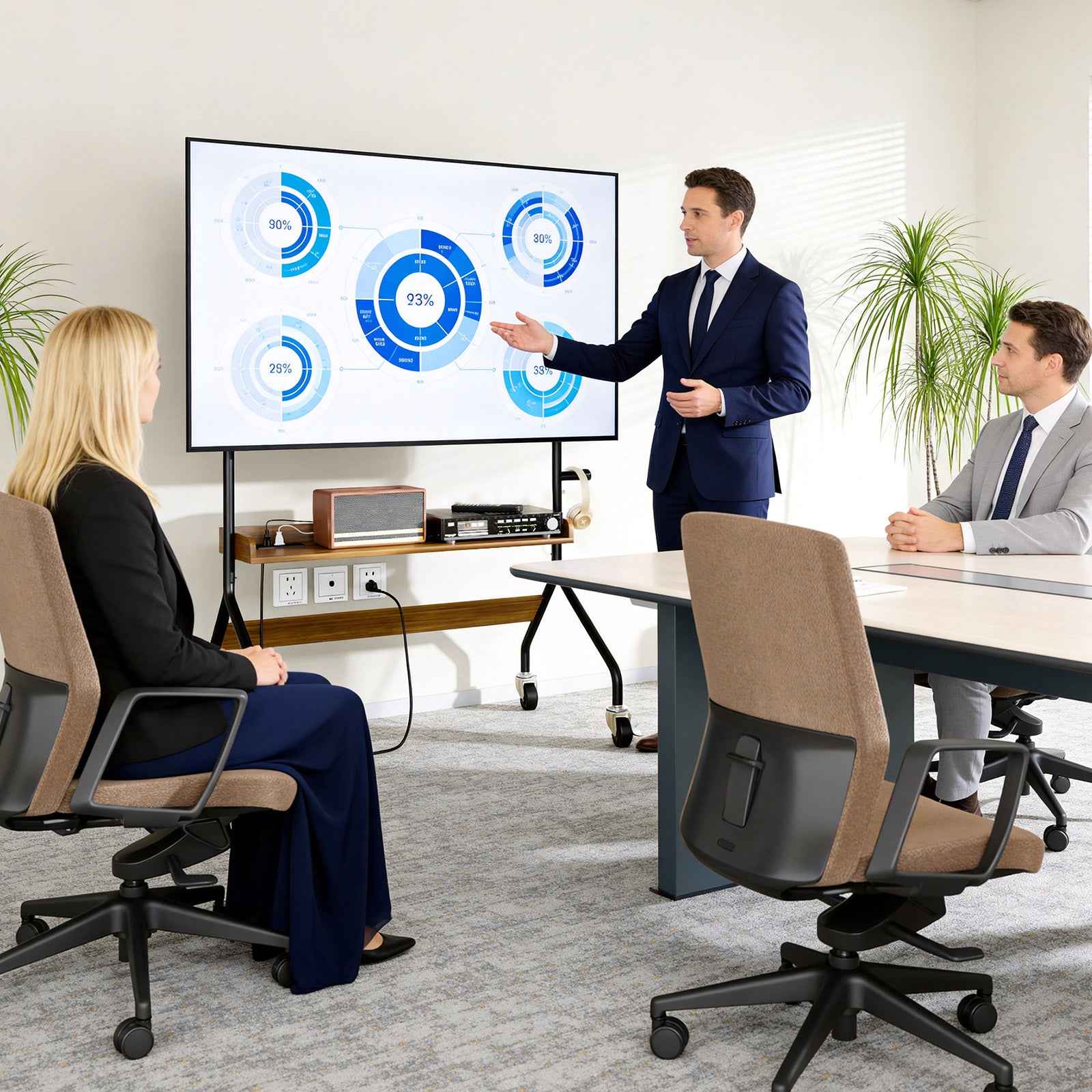 V1 Rolling TV Stand with Power Outlet, Mobile TV Cart for 32-75 Inch TV Screen up to 110 Lbs, Easel Portable TV Stand on Wheels with Shelf for Bedroom, Corner, Living Room