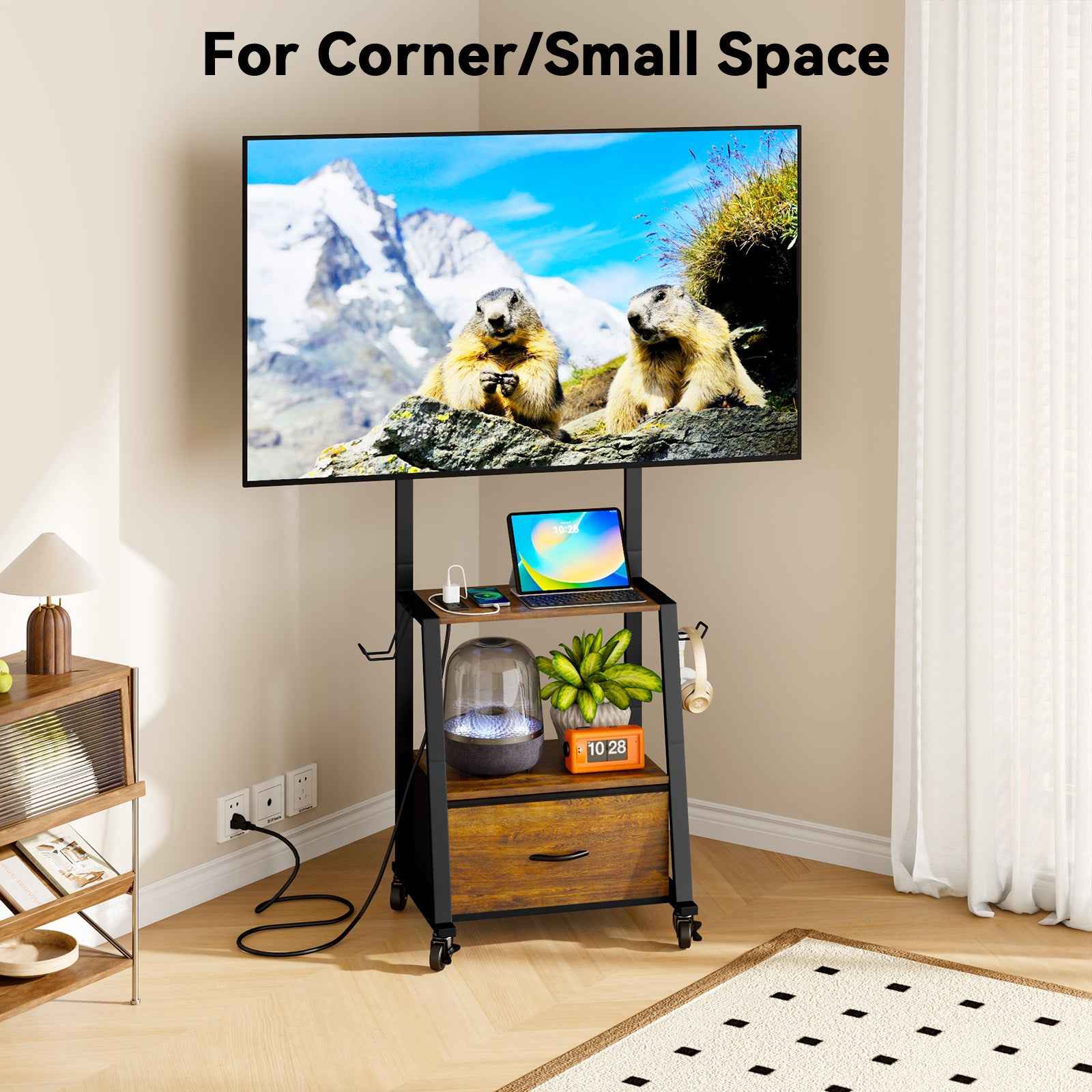 V2 Rolling TV Stand on Wheels with Mount & Fabric Storage Drawer, Entertainment Center with Power Outlet, Portable TV Stand for 32-55 Inch Flat/Curved Screen TVs, Mobile TV Cart for Bedroom