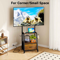 V2 Rolling TV Stand on Wheels with Mount & Fabric Storage Drawer, Entertainment Center with Power Outlet, Portable TV Stand for 32-55 Inch Flat/Curved Screen TVs, Mobile TV Cart for Bedroom
