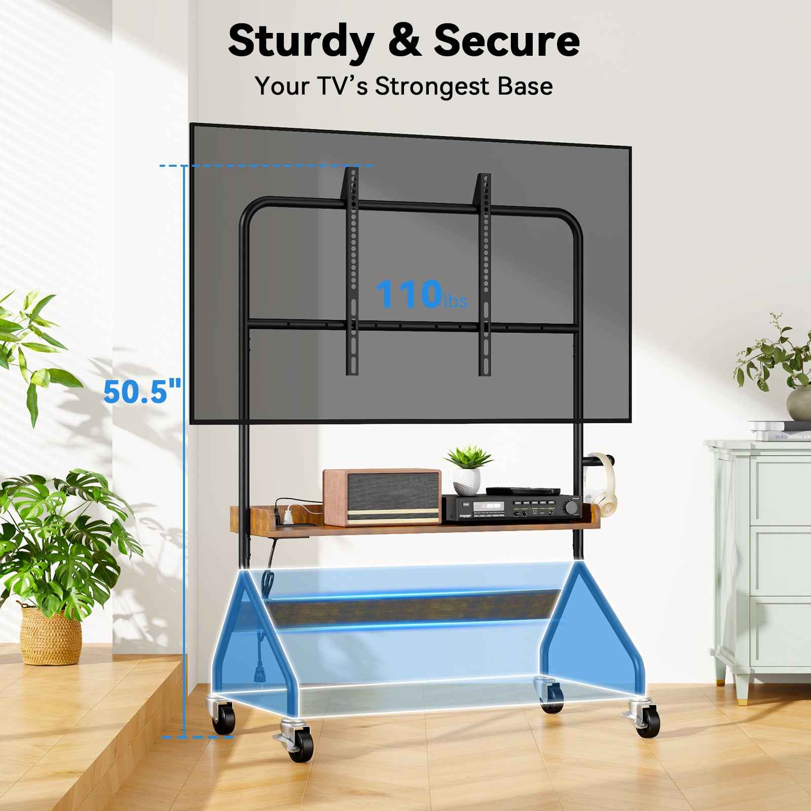 V1 Rolling TV Stand with Power Outlet, Mobile TV Cart for 32-75 Inch TV Screen up to 110 Lbs, Easel Portable TV Stand on Wheels with Shelf for Bedroom, Corner, Living Room