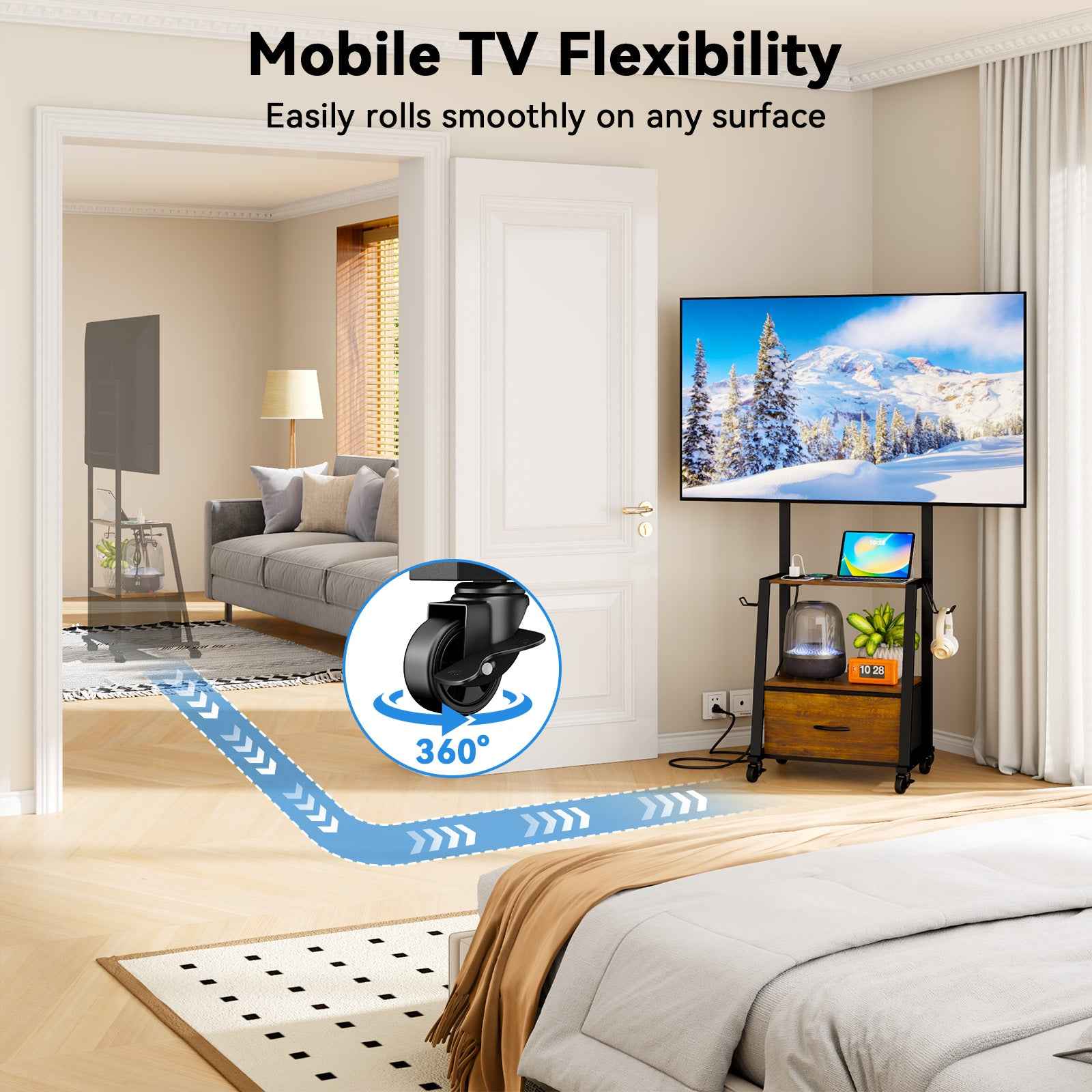 V2 Rolling TV Stand on Wheels with Mount & Fabric Storage Drawer, Entertainment Center with Power Outlet, Portable TV Stand for 32-55 Inch Flat/Curved Screen TVs, Mobile TV Cart for Bedroom