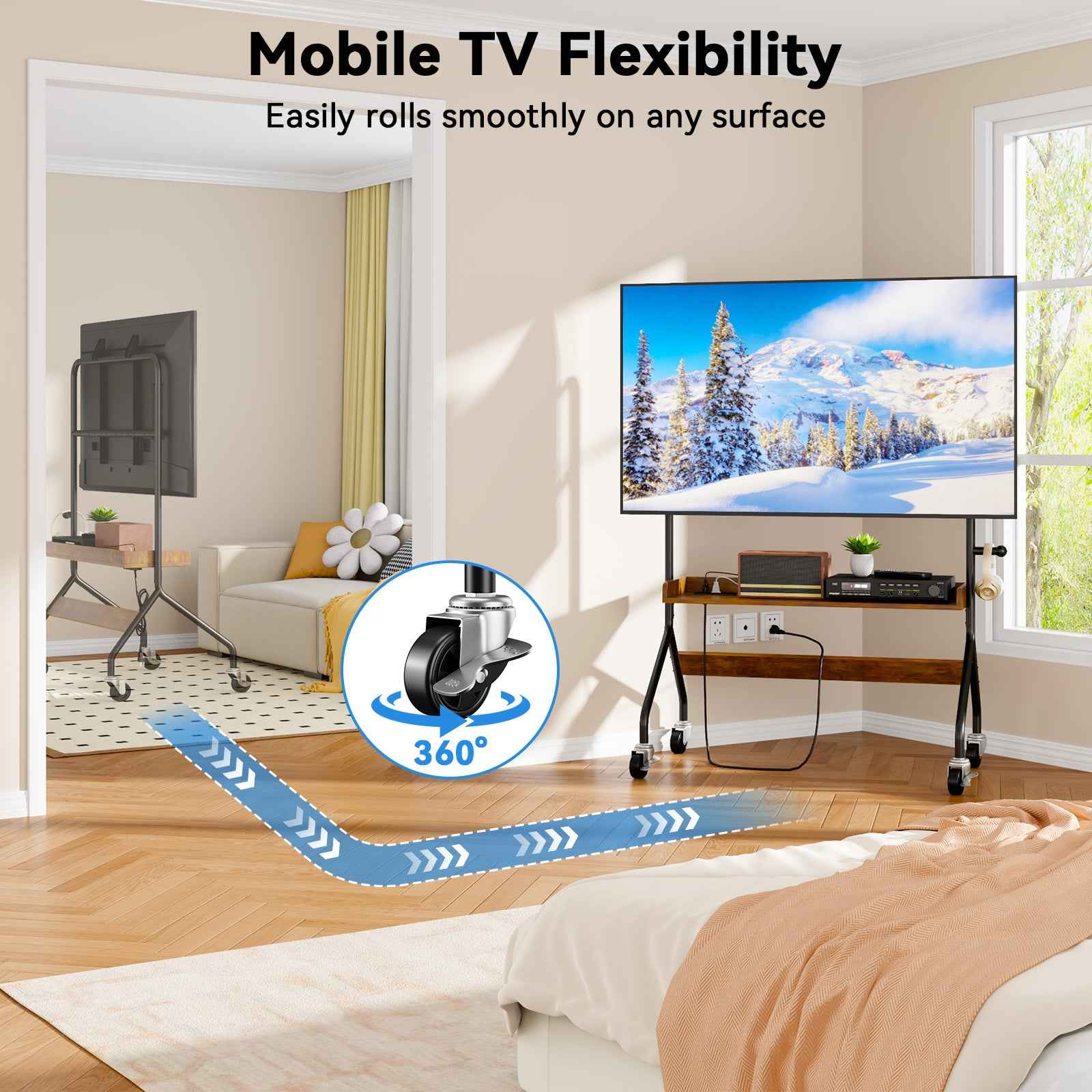 V1 Rolling TV Stand with Power Outlet, Mobile TV Cart for 32-75 Inch TV Screen up to 110 Lbs, Easel Portable TV Stand on Wheels with Shelf for Bedroom, Corner, Living Room