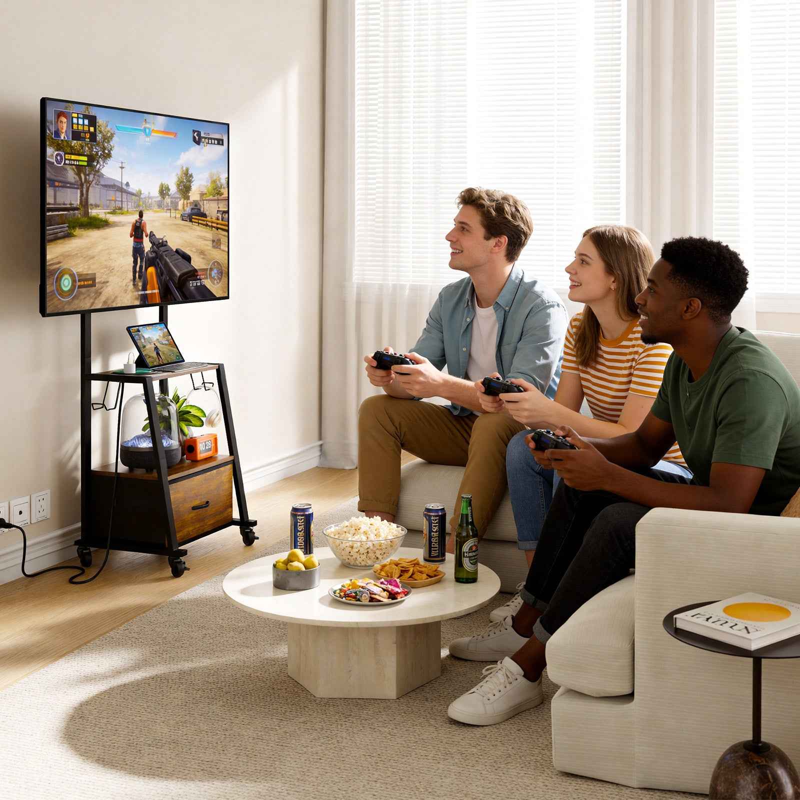 V2 Rolling TV Stand on Wheels with Mount & Fabric Storage Drawer, Entertainment Center with Power Outlet, Portable TV Stand for 32-55 Inch Flat/Curved Screen TVs, Mobile TV Cart for Bedroom