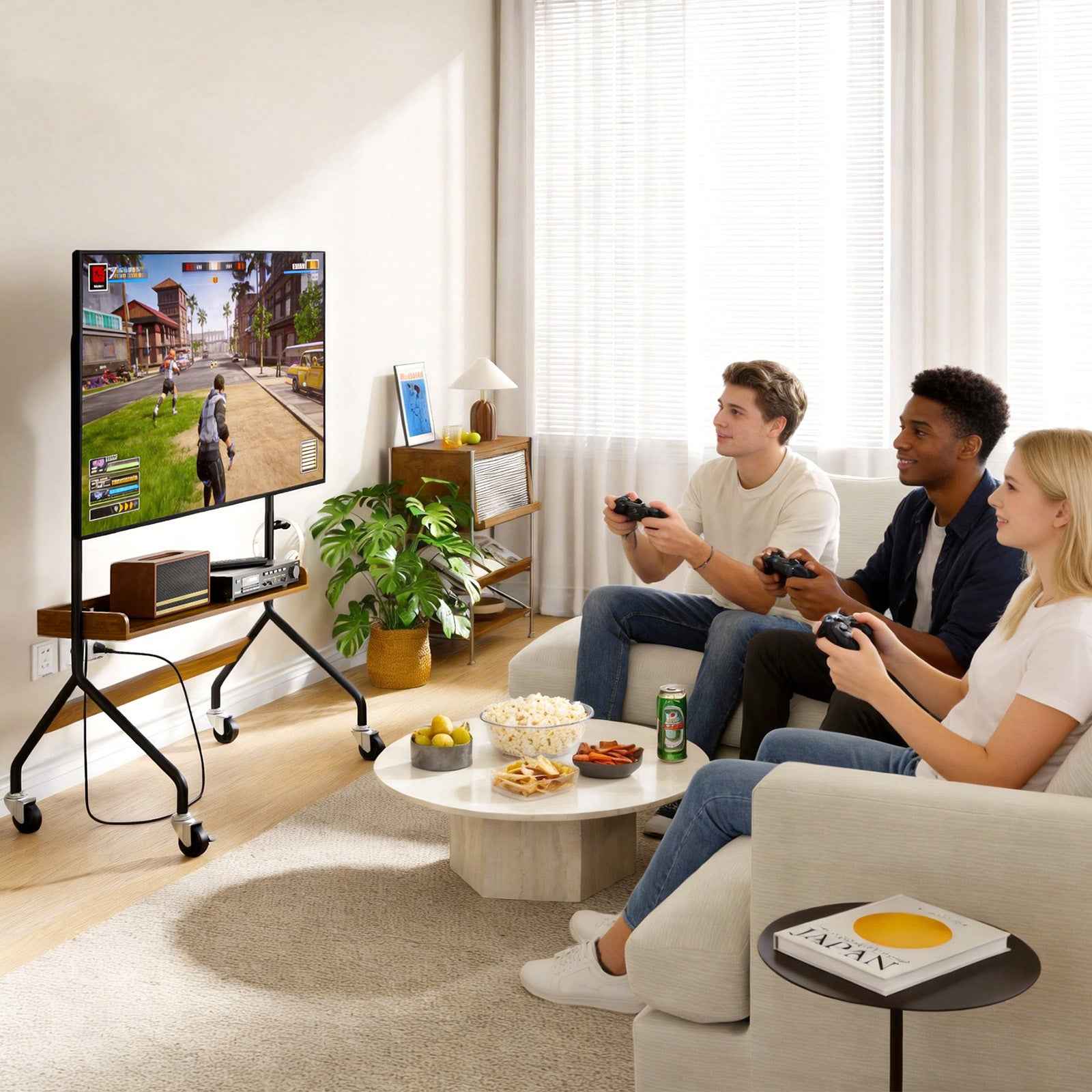 V1 Rolling TV Stand with Power Outlet, Mobile TV Cart for 32-75 Inch TV Screen up to 110 Lbs, Easel Portable TV Stand on Wheels with Shelf for Bedroom, Corner, Living Room