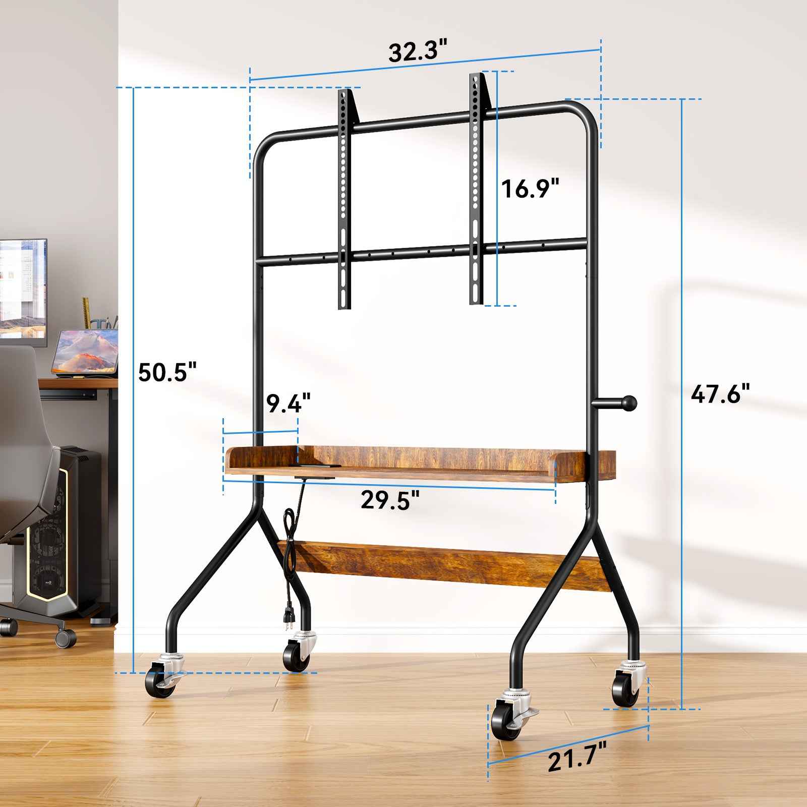 V1 Rolling TV Stand with Power Outlet, Mobile TV Cart for 32-75 Inch TV Screen up to 110 Lbs, Easel Portable TV Stand on Wheels with Shelf for Bedroom, Corner, Living Room