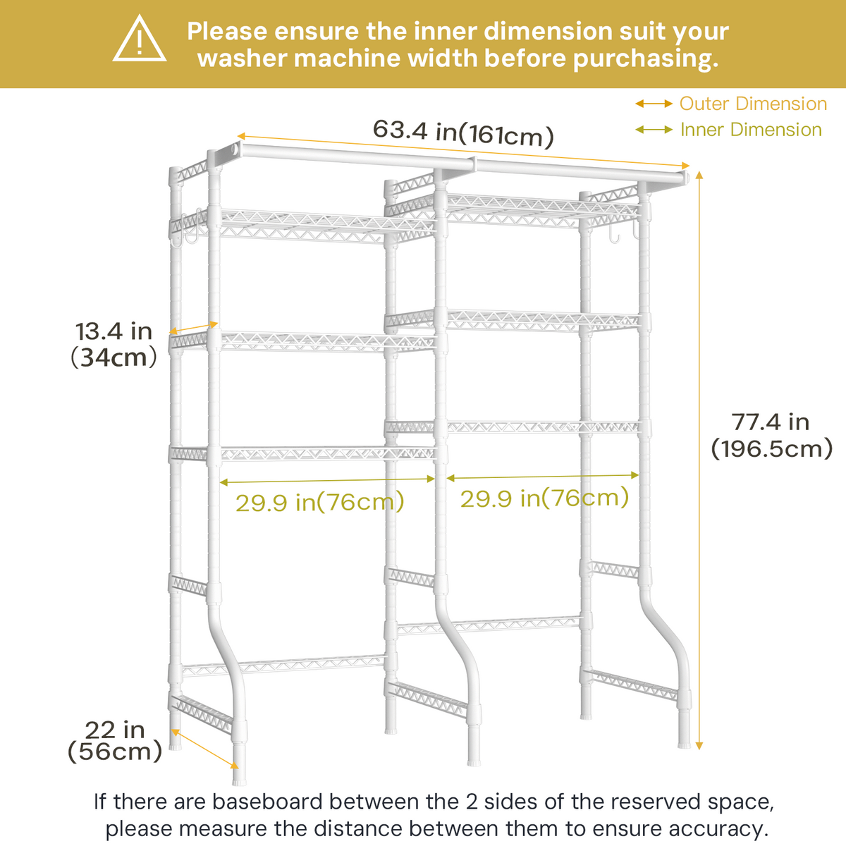 U13 Double Column Over-Washer Garment Rack, 57.8" Wide, ≤27.1" Washer Fit