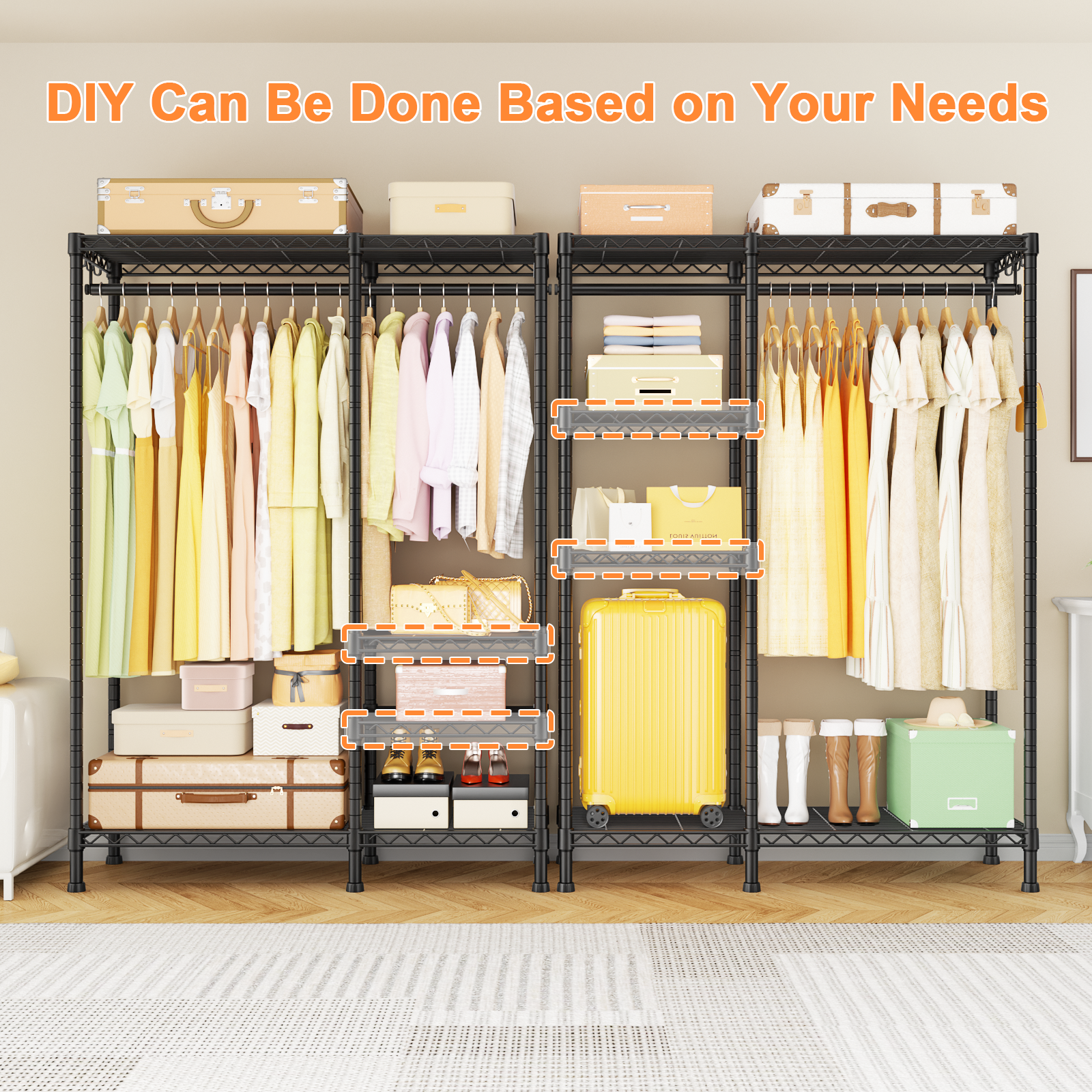 F4 Double Column Garment Rack (Black), 500LBS Load, 4-Tier Shelves & 1 Hanger Rod with Side Hooks