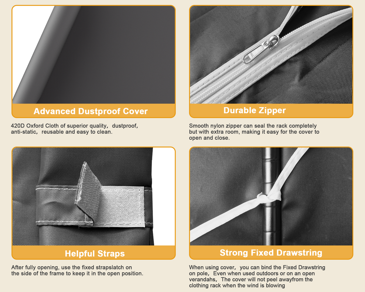 E14C Heavy Duty Closet Organizer System, Adjustable Garment Rack 70.1" W × 16.6" D × 76.4" H Hold 960 lbs, Black Rack with Black Dustproof Cover