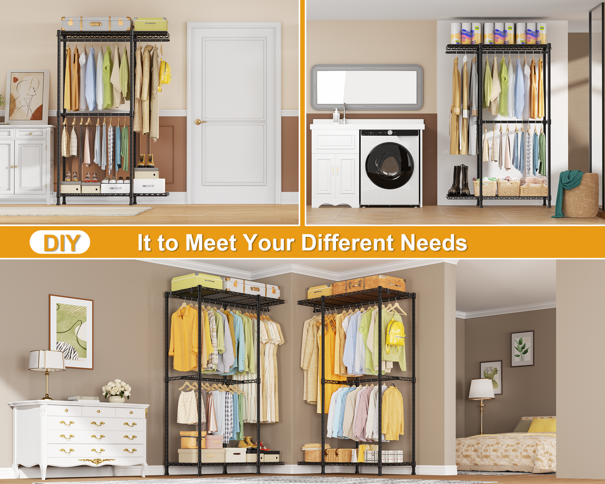 E14 Pro Heavy Duty Clothes Rack，Freestanding Clothing Racks for Hanging Clothes，Adjustable Closet Organizers and Storage，Metal Garment Rack with Shelves