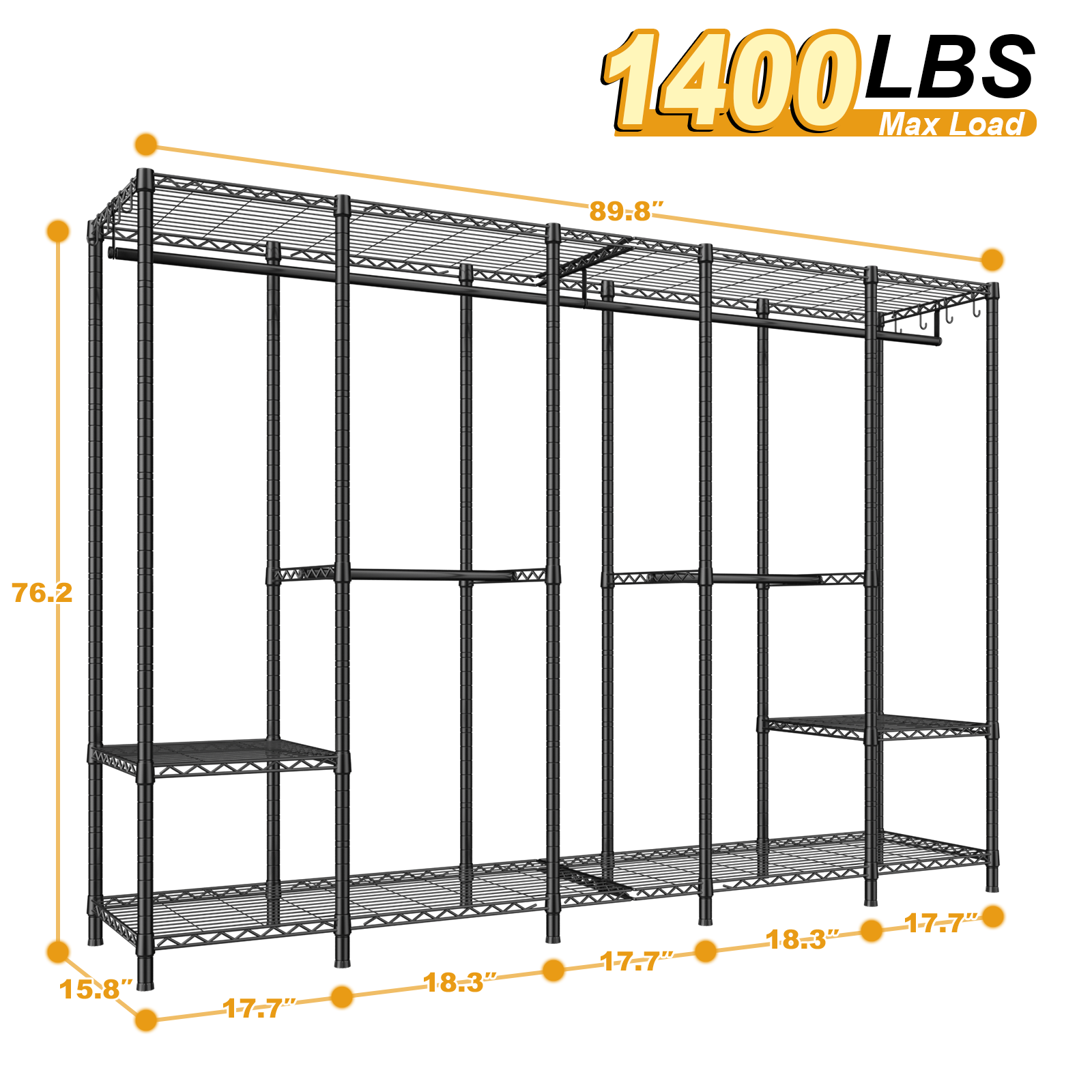 H50 5-Column Garment Rack (Black), 89.8" Wide, 1400LBS Load & Long Garment Storage
