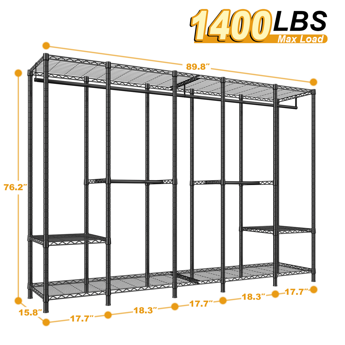 H50 Heavy Duty Garment Rack - 5 Column Large Clothing Rack, 89.8" Wide, Load Capacity 1400LBS