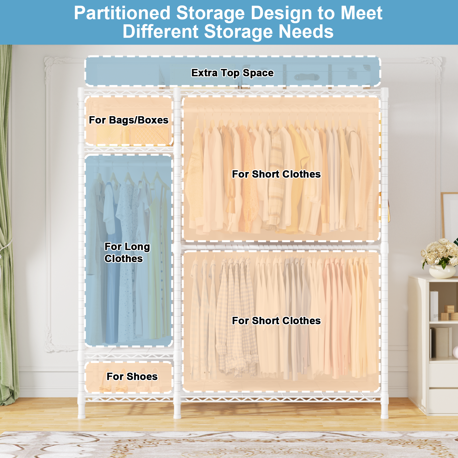 F7 Double Column Garment Rack (Black), 58"W x 14.6"D x 76.6"H, 800LBS Load & 6-Tier Shelves